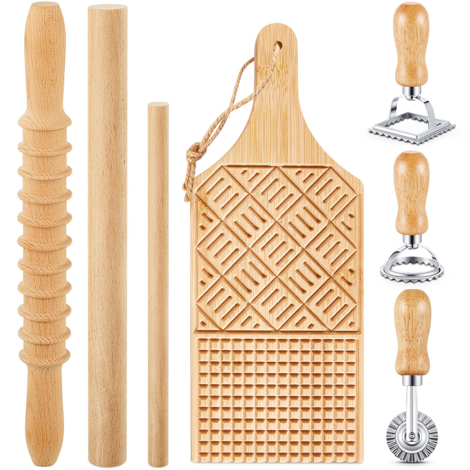 Tioncy 7 Pcs Gnocchi Pasta Making Tool, Wood Gnocchi Board with Ravioli Stamp and Rolling Pin Set Homemade Kitchen Gift for Baking Lovers(Plaid and Stripe Style)