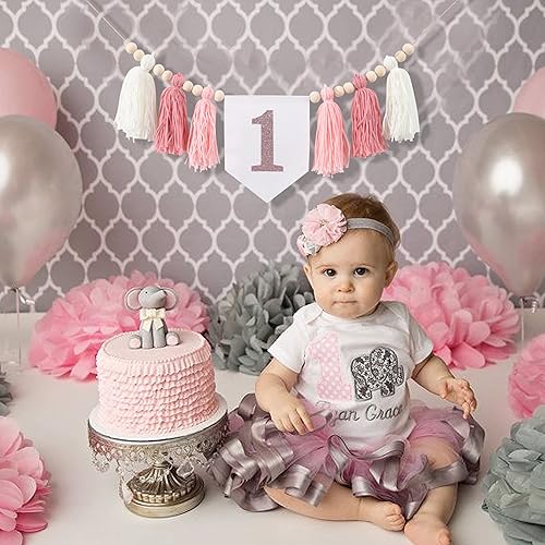 Miniatura 4 de Cartel de primer cumpleaños para silla alta, pancarta temática de borla de oro rosa para niña, telón de fondo de fotos de primer cumpleaños,