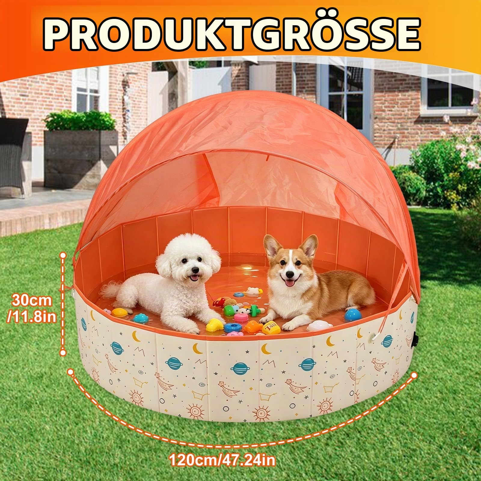 Hundepool Faltbar mit Sonnendach, 120x30cm Hundebadewanne mit Ablaufventil, rutschfeste Verdicktes PVC Planschbecken für Große Hund & Kinder, Tragbarer Hundeplanschbecken (Orange)