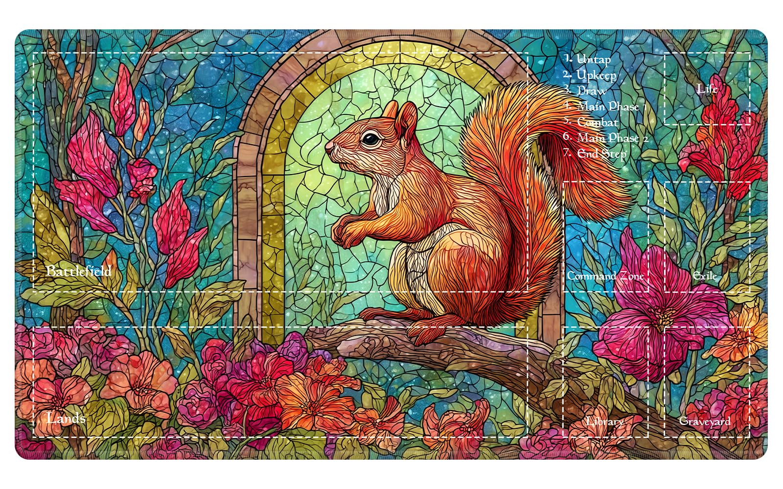 Stained Glass Squirrel MTG Playmat, EDGFRTOIO Floral Art Nouveau TCG Mat with Game Zones, Tabletop Magic Play Mats 24"x14" Non-Slip Rubber Base for Trading Card Games Battles