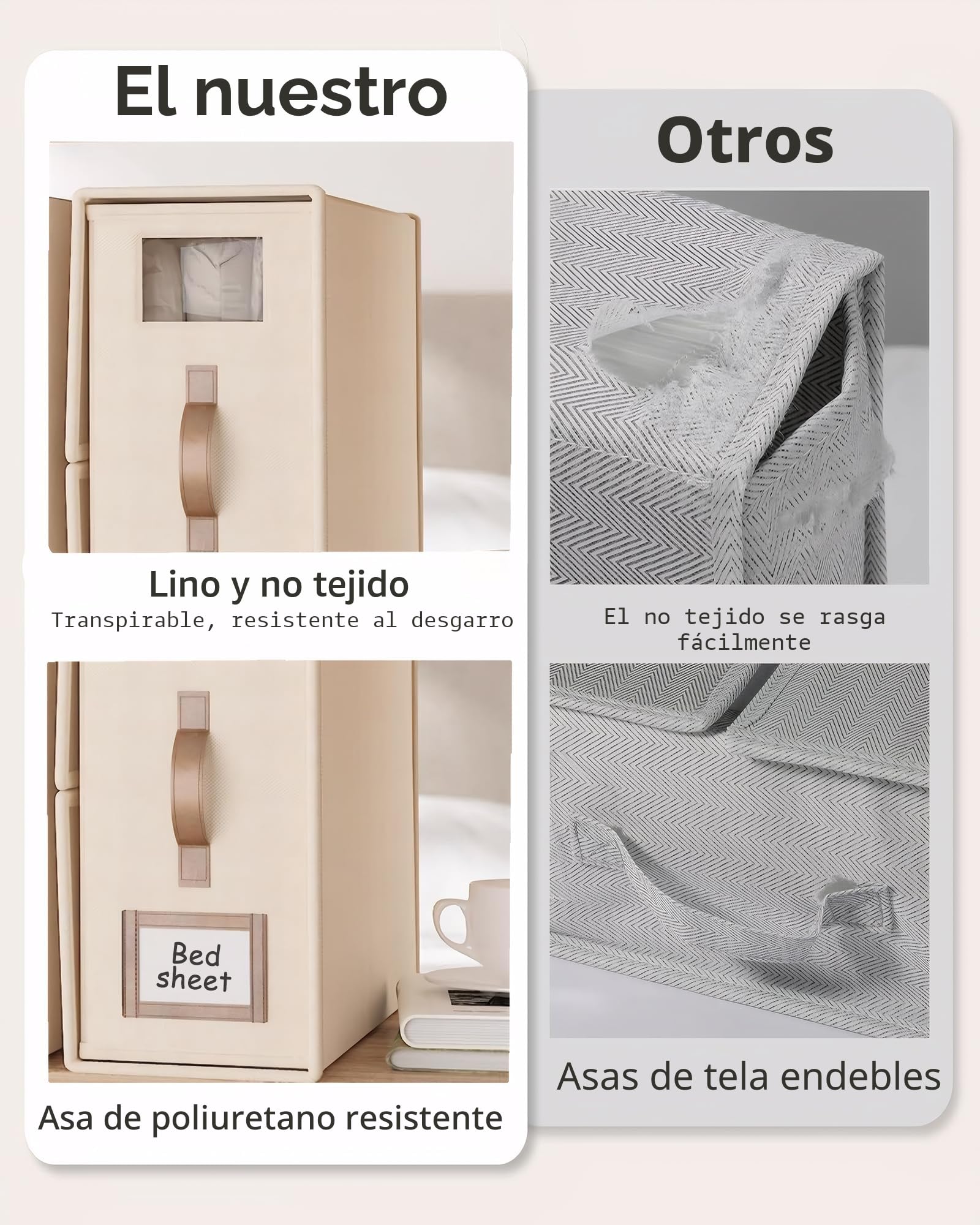 Lino Caja Organizador Sabanas Armario, 6 Organizador de Ropa de Cama Plegable con ventana y asas para guardar debajo de la cama, en el armario para organizar sábanas, ropa y mantas, Beige