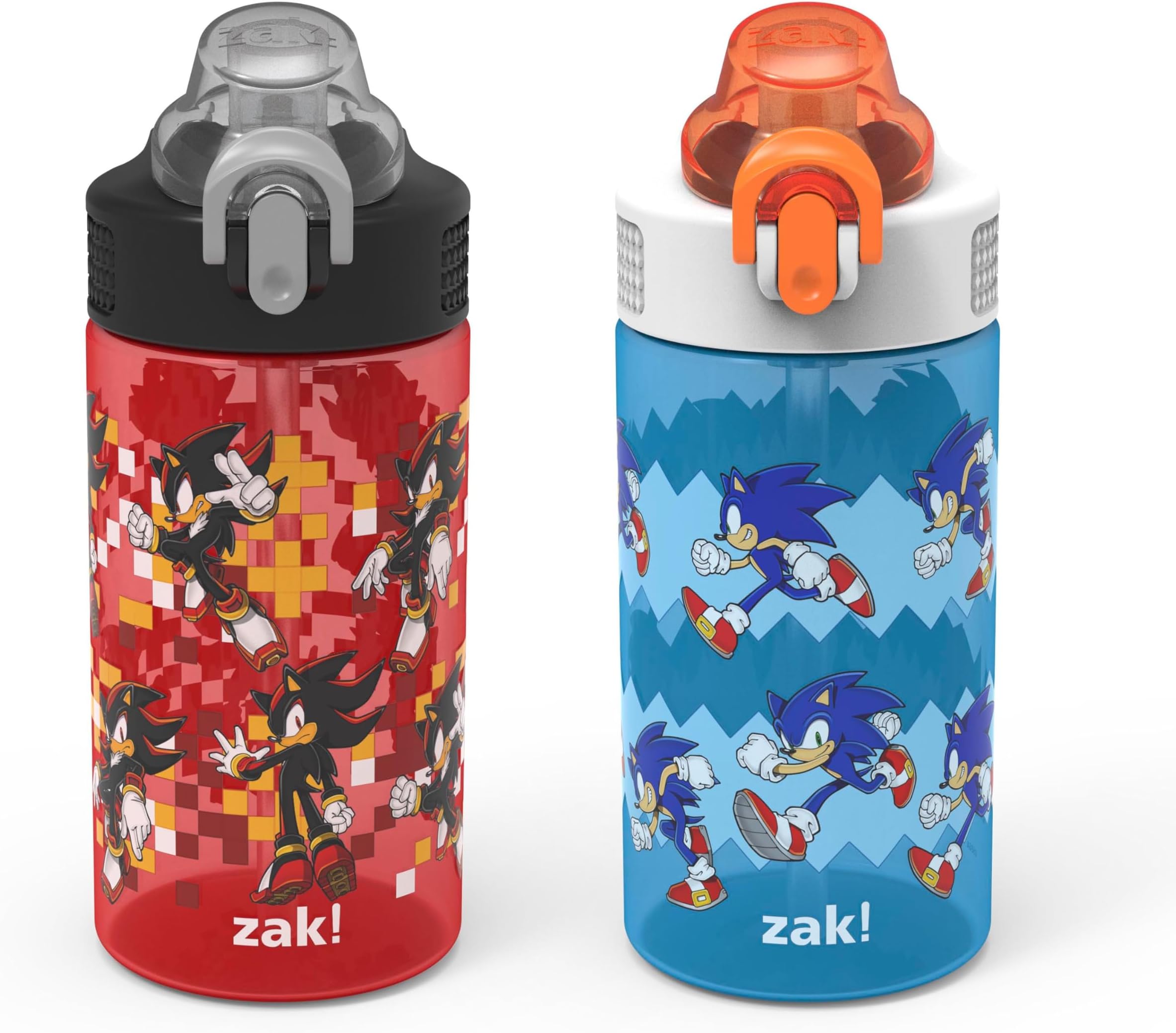 Sonic the Hedgehog Sage Kids Water Bottle For School or Travel, 16oz Durable Plastic Water Bottle With Straw, Handle, and Leak-Proof, Pop-Up Spout Cover, 2-Pack Set (Sonic & Shadow)