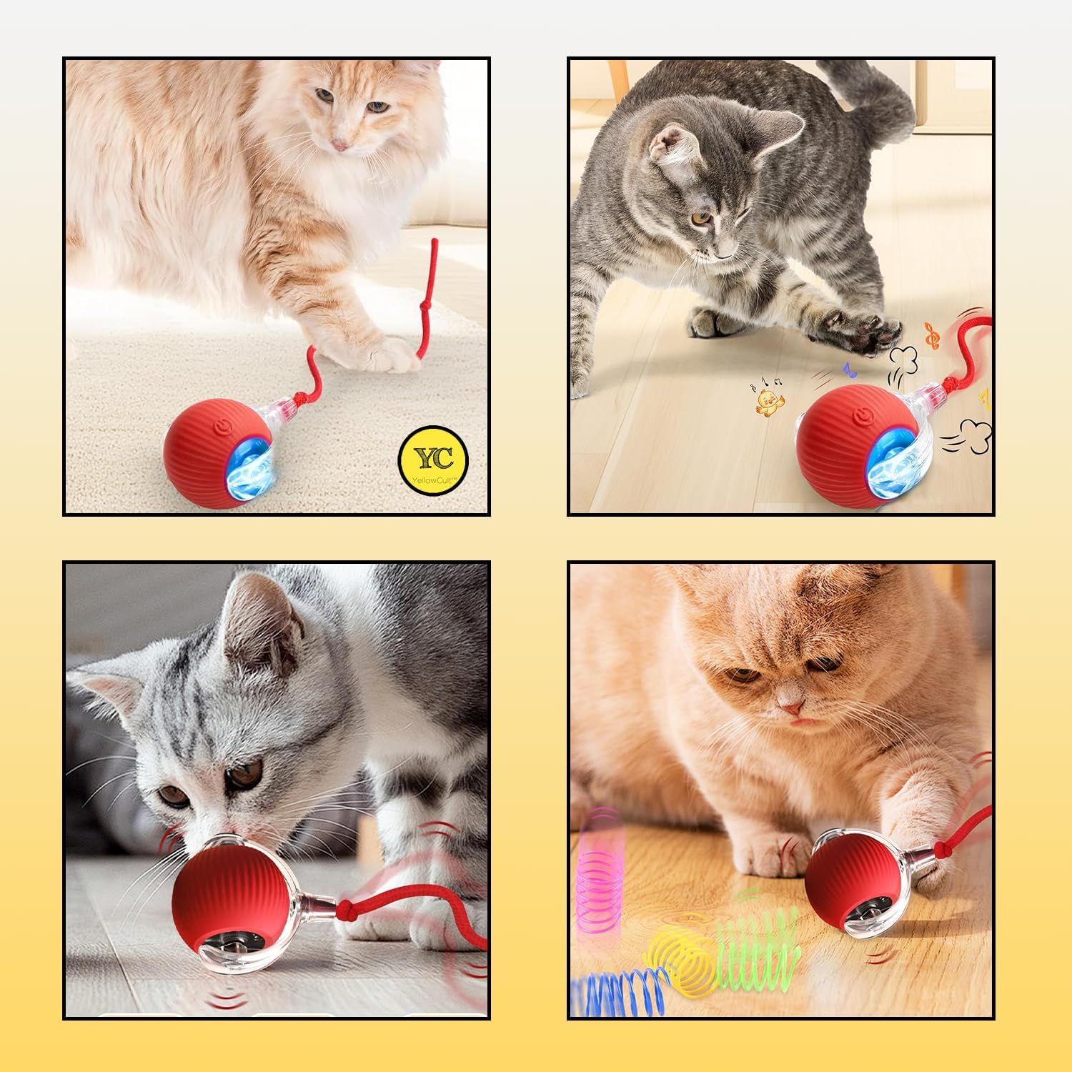 GOAWAY Automatic Rolling Cat Ball Toy, 3-Modes, Teasing Tail & Bell Charm, Interactive Self Play Chasing Silicone Ball Toy for Indoor Cats 3