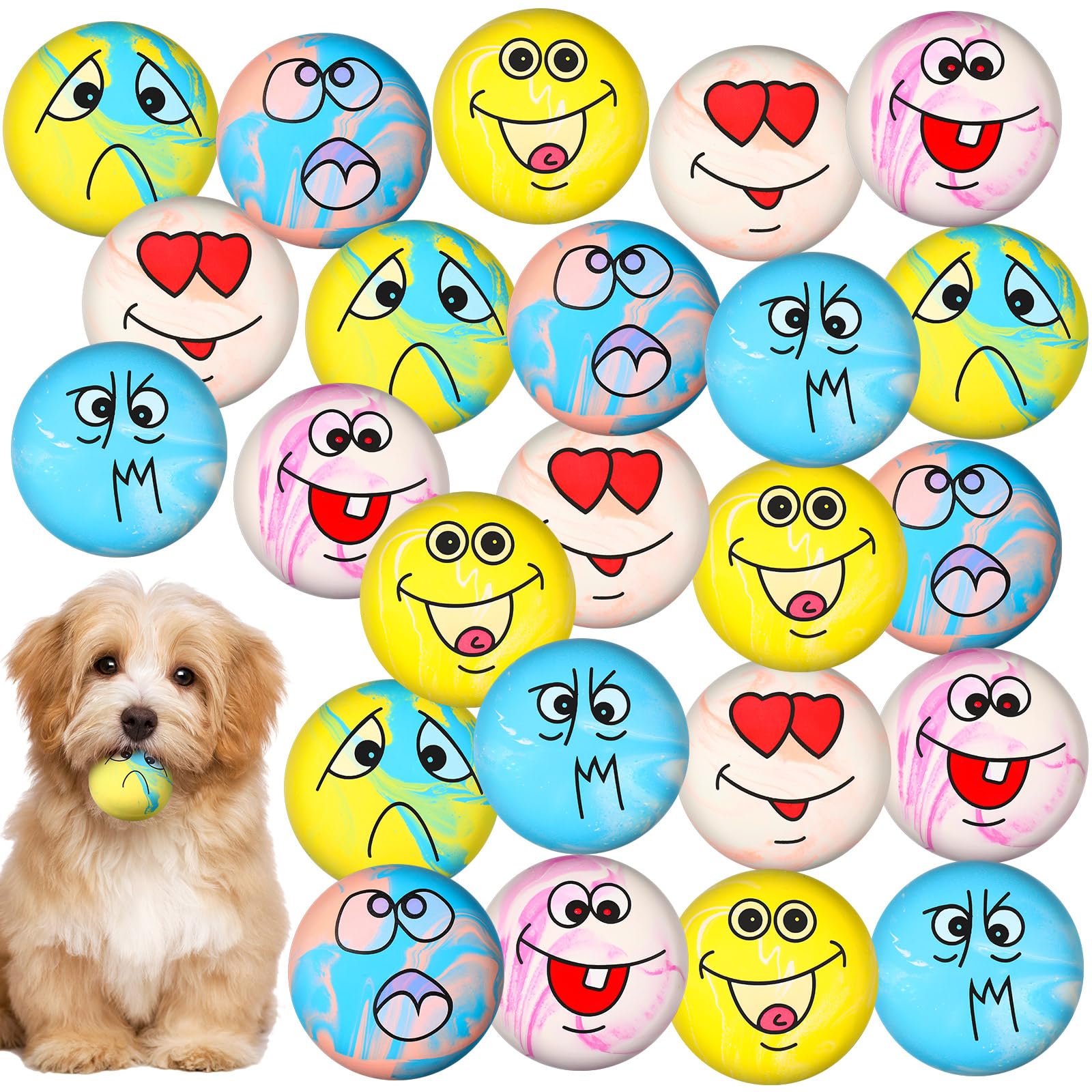 Jenaai 24 Pieces Funny Face Squeaky Dog Toys Latex Soft Toys Emoticon Dog Squeaky Ball Interactive Balls Fetch Play Toy for Small Medium Pets Animals Puppies Training(Dazzling Colors)