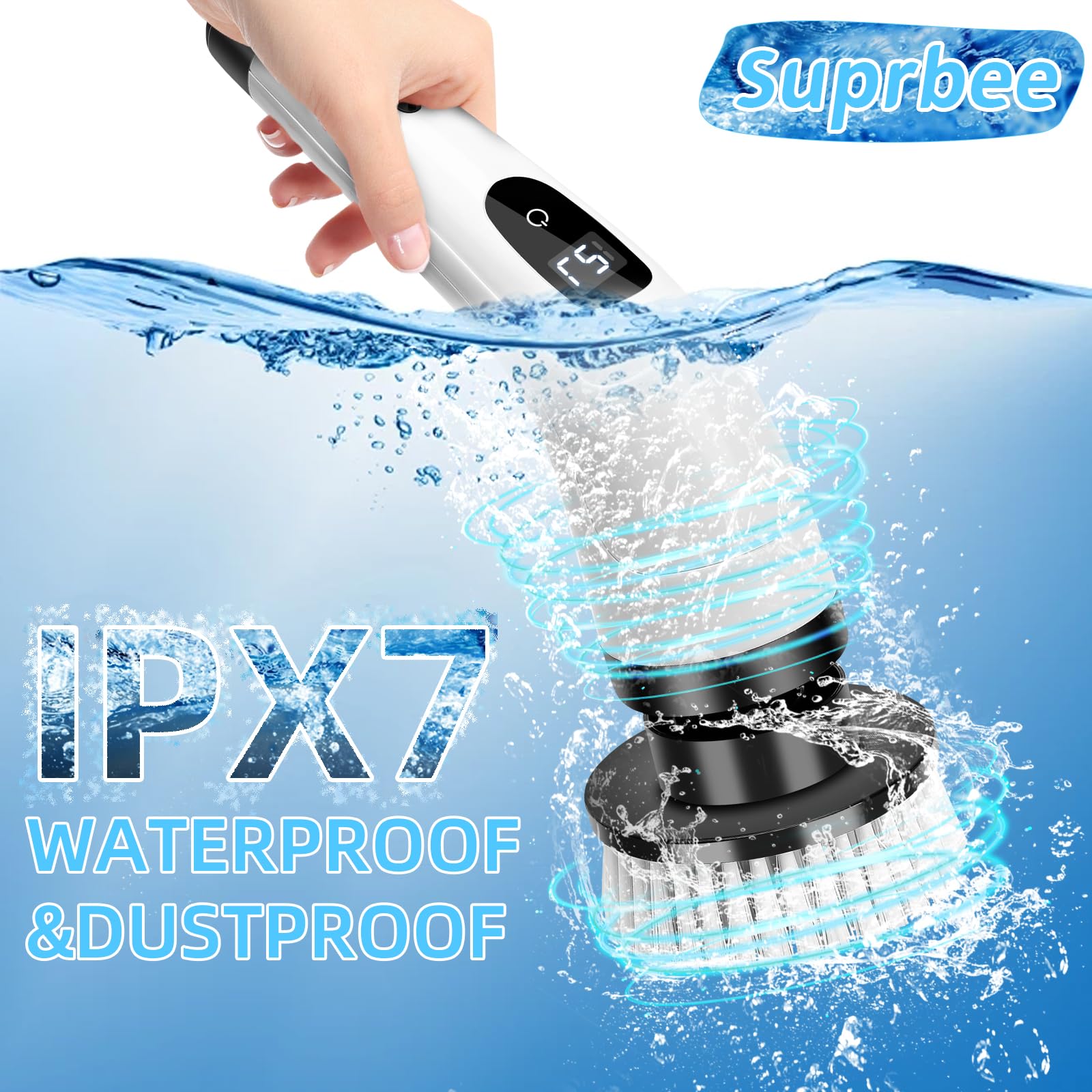 Brosse électrique Nettoyage Rotative, Brosse de Douche avec 8 Têtes de Brosses Remplaçables, Electric Spin Scrubber, Manche Extensible, 2 Vitesses, étanche IPX7, pour Salle de Bain Cuisine Voiture