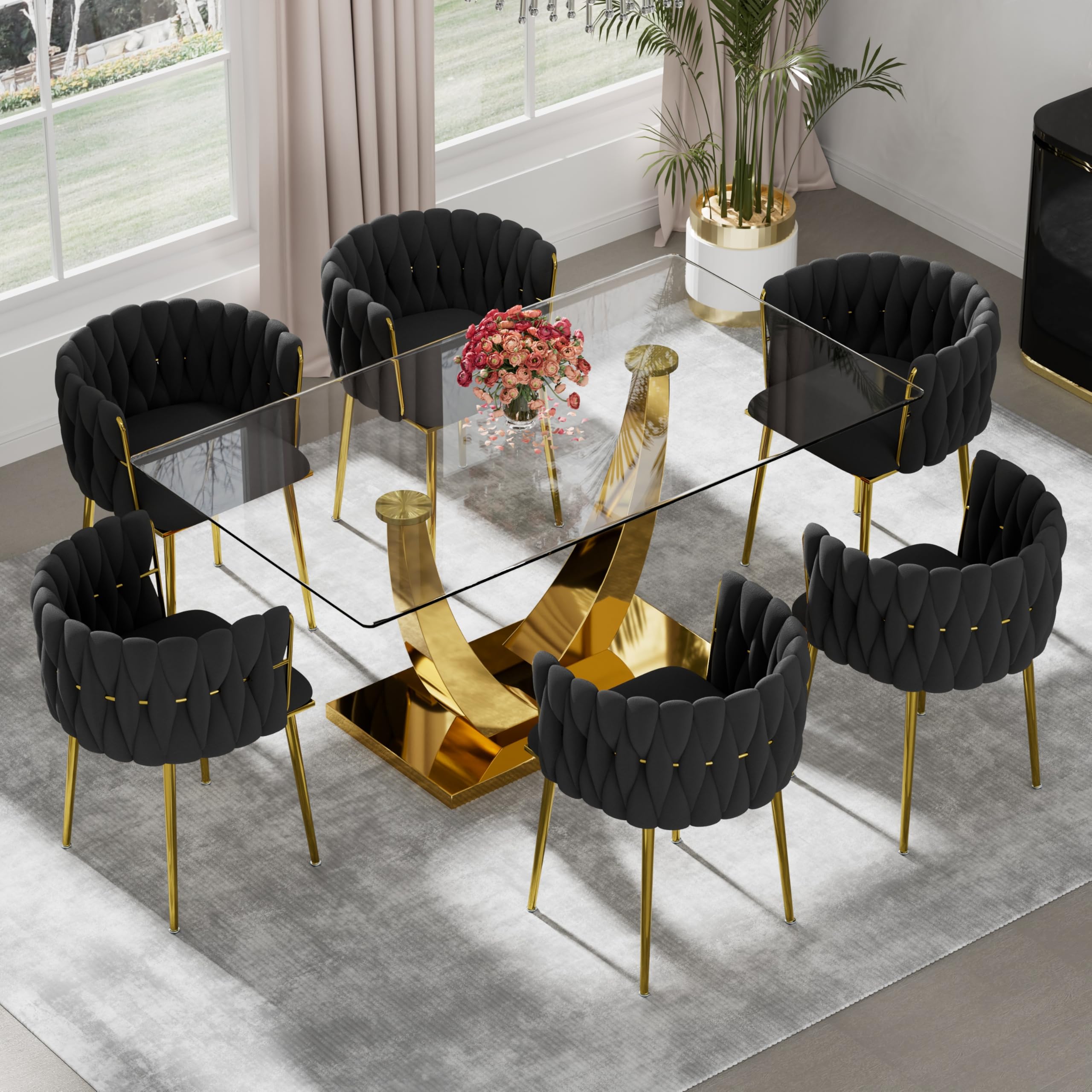 RGZ 7 Pieces Modern Golden Luxury Dining Set, Large Minimalist Rectangle Dinner Room Set for 6, 63'' Clear Glass Top Kitchen Table with Black Woven