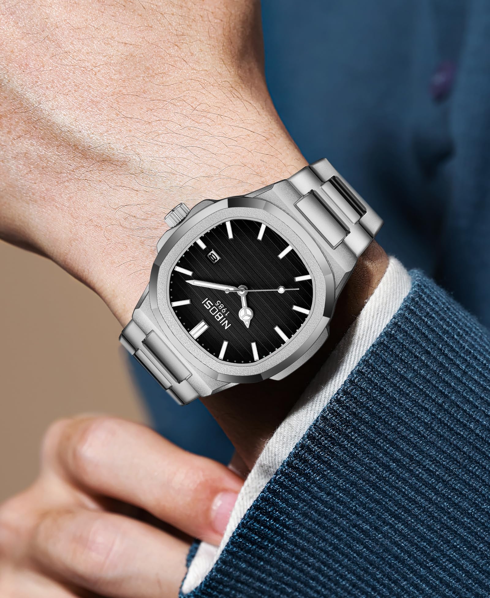 NIBOSI Orologio da uomo analogico al quarzo, in acciaio inox, stile militare, impermeabile, stile business classico, con data