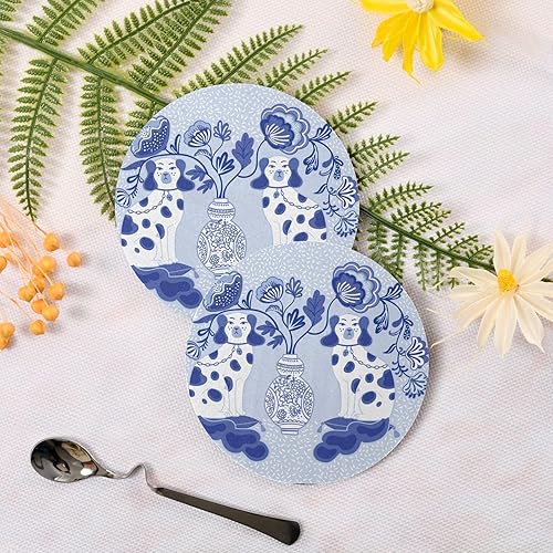 Miniatura 3 de pnyoin Staffordshire - Juego de posavasos de porcelana azul y blanca con diseño de perros, juego de 4 posavasos redondos, base de corcho para
