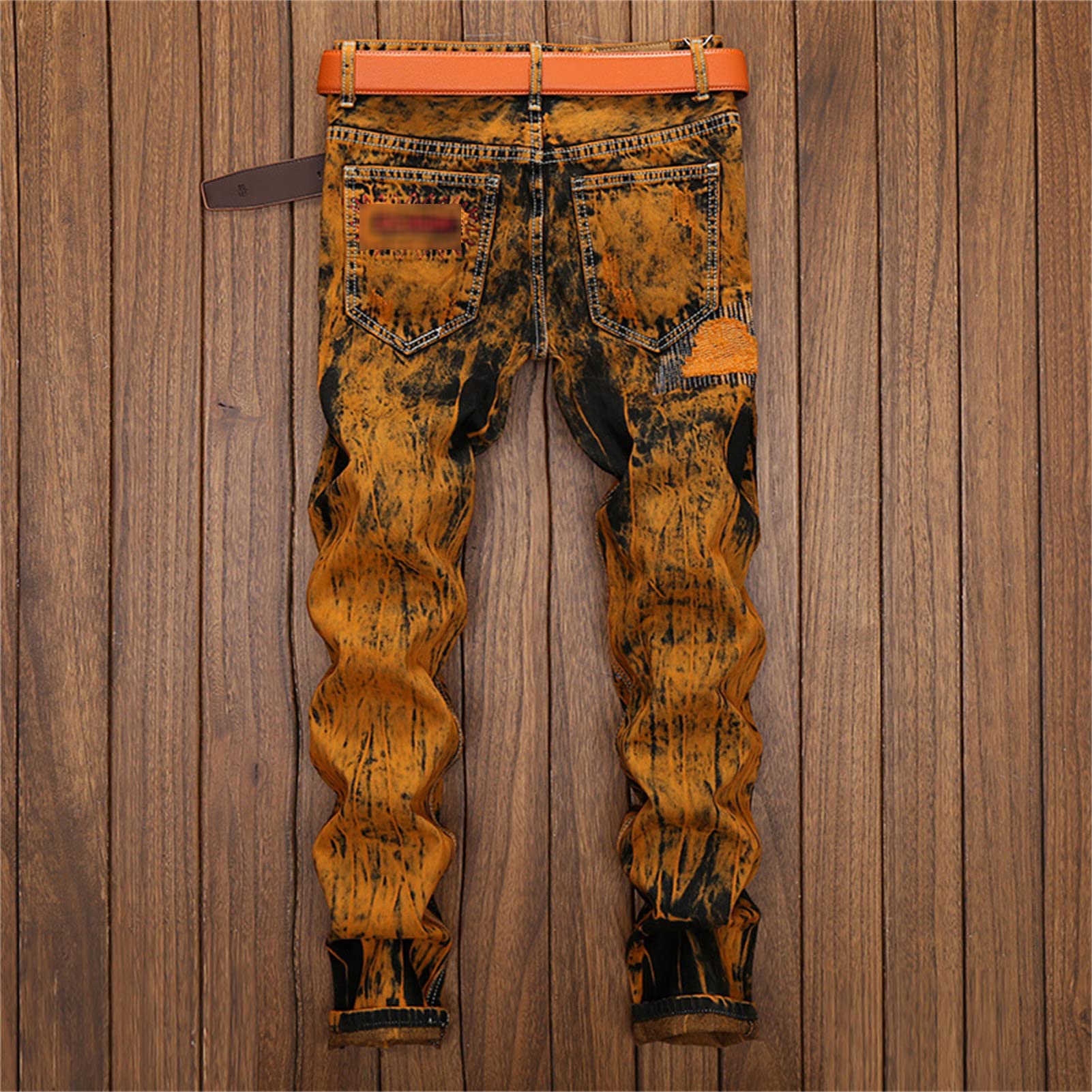 Mens Distressed Destroyed Patch Jeans Ripped Embroidery Print Denim Jeans Vintage Hip Hop Straight Jean Pants (Orange,34)
