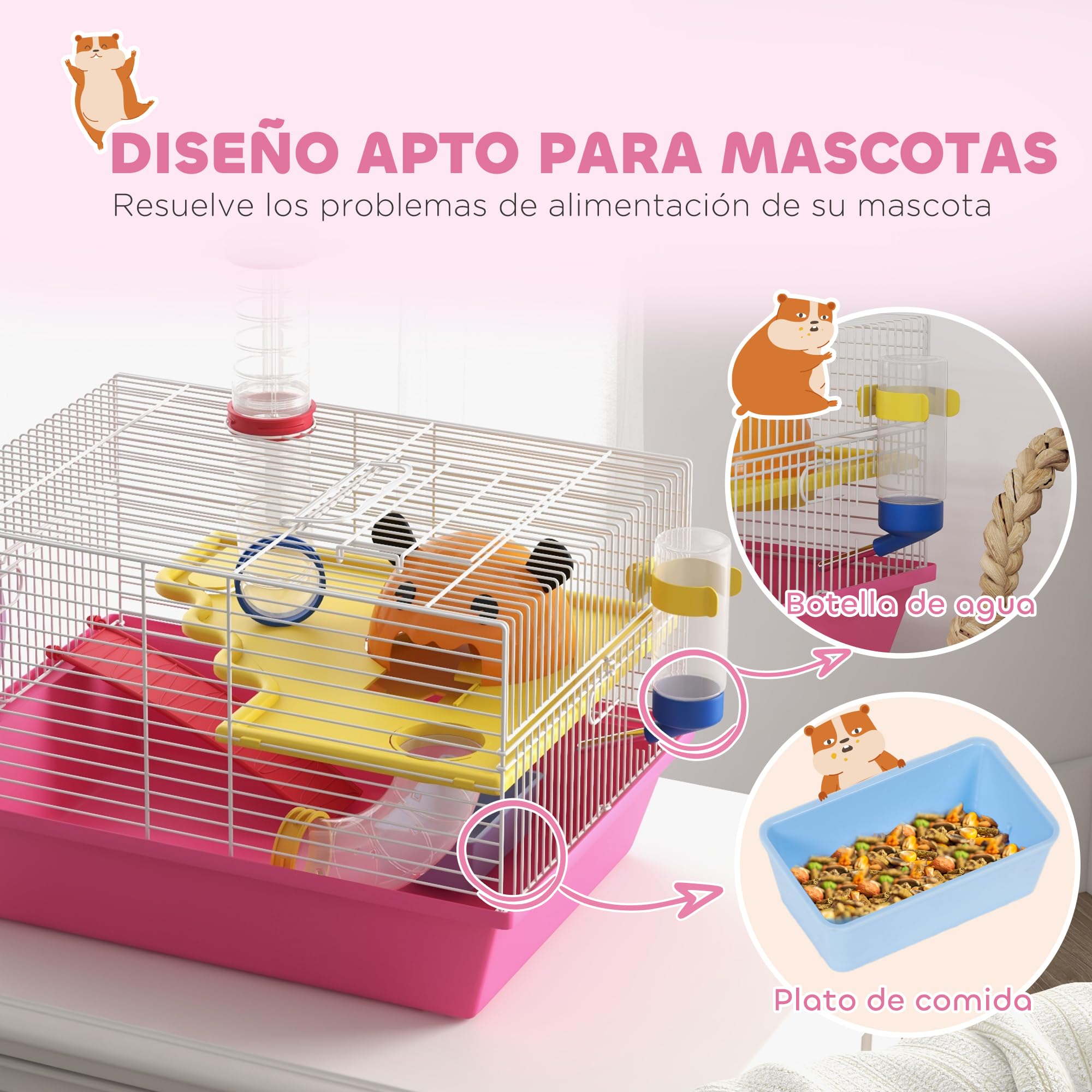 PawHut Jaula para Hámster Casa para Animales Pequeños con Rueda de Ejercicio Casita Cuenco Bebedero Torre de Observación 34x27x25 cm Rosa
