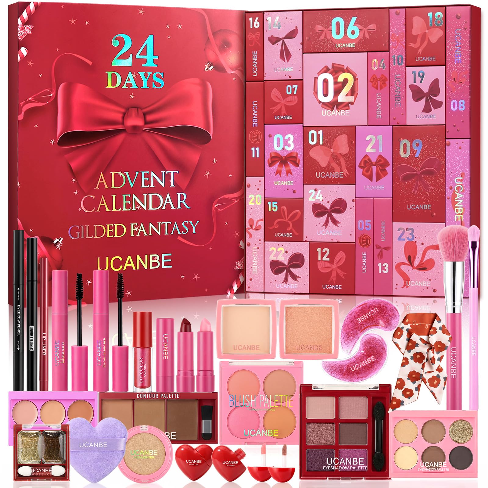 Makeup Advent Calendar 2026, 24-Day Christmas Makeup Gift Set for Women & Teen Girls, UCANBE 2026 Xmas Beauty & Cosmetic Essentials Countdown Calendar Holiday Surprise Make Up Gift Kits Full Kit(Red)