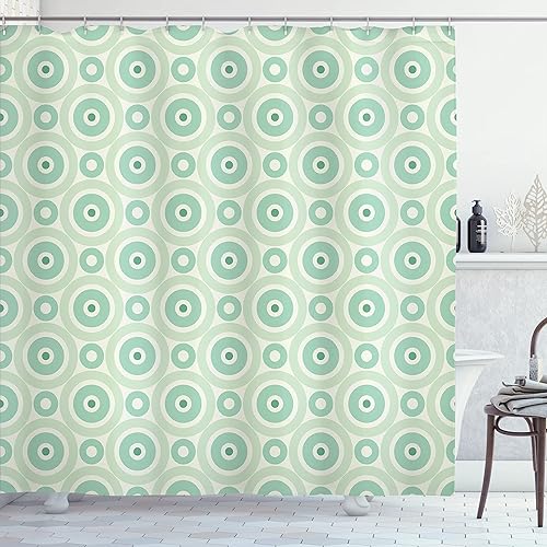 Ambesonne Cortina de ducha color menta, círculos interiores retro en forma de disco con gráfico geométrico nostálgico, juego de decoración de baño