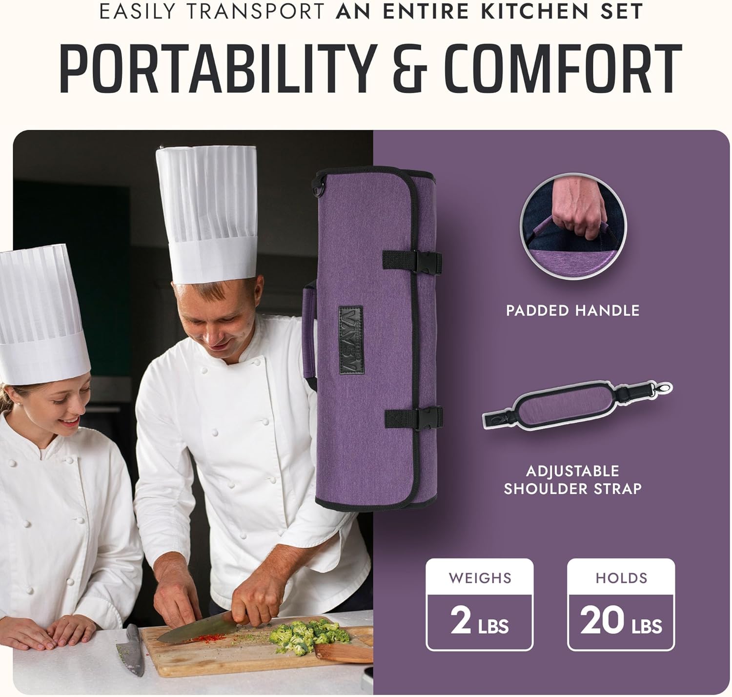 Asaya Waxed Nylon Chef Knife Roll Bag with 20 Slots and Zippered Pockets - Professional Chef Knife Bag & Storage Case, Tool Carrier with Shoulder Strap - Knives Not Included (Purple)