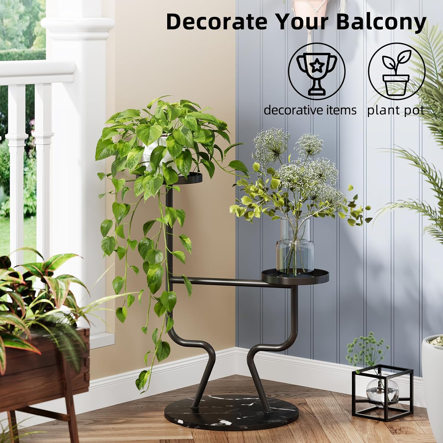 Modern Metal Plant Stand Indoor, 2-Tier Flower Holder with Marble Base, Tall Tiered Planter Shelf for Living Room, Balcony, Office, Stable Iron Plant Display Rack (Black)