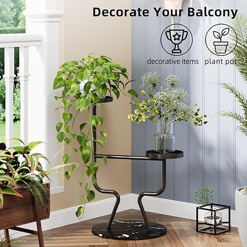 Miniatura 7 de Moderno soporte de metal para plantas de interior, soporte de flores de 2 niveles con base de mármol, estante alto para macetas de niveles para sala