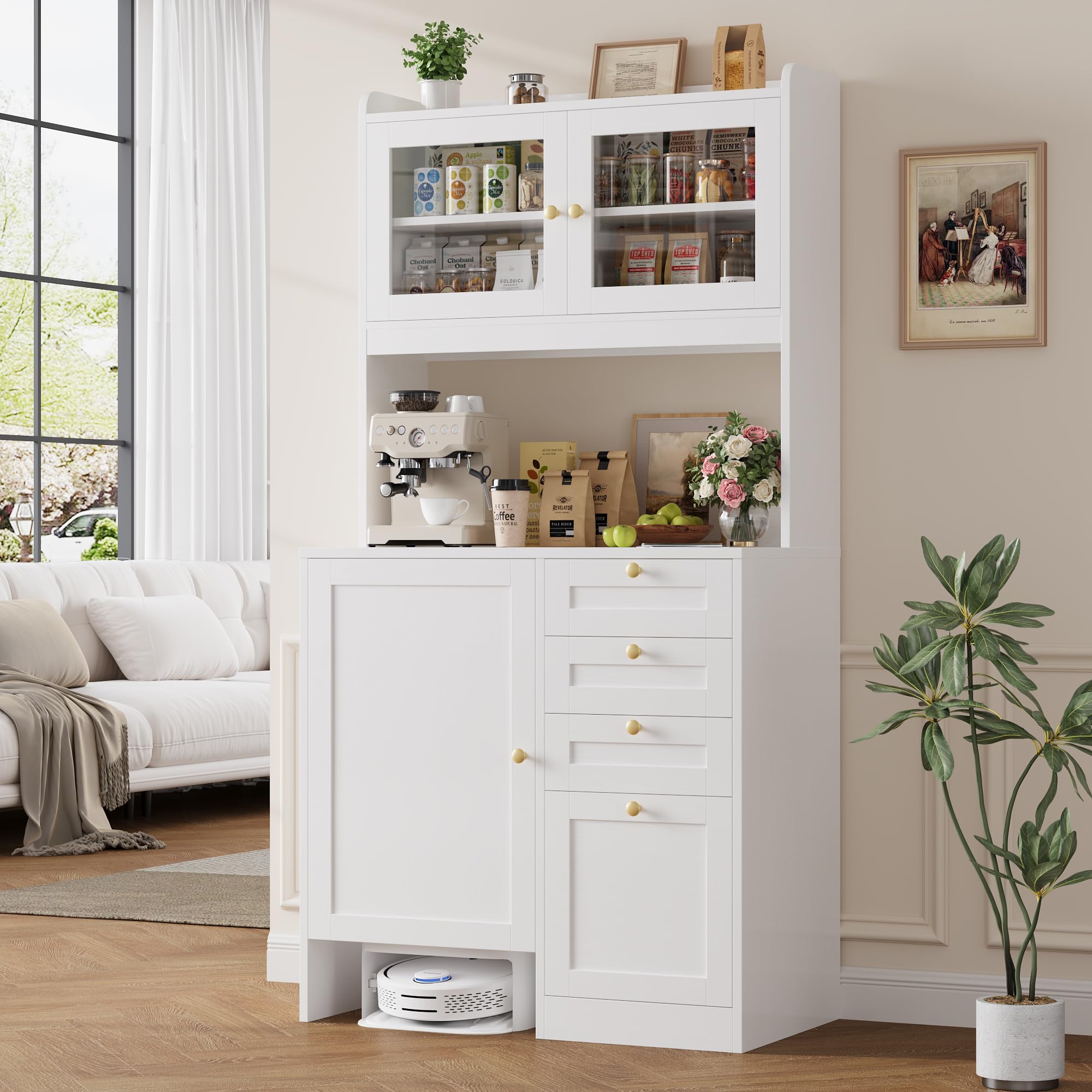 70.8"H Tall Robot Vacuum Stand Cabinet with 4 Drawers for Hanging Files, Pantry Storage Cabinet with Microwave Stand Printer Stand and Adjustable Shelves Bookcase for Living Room, Office, White