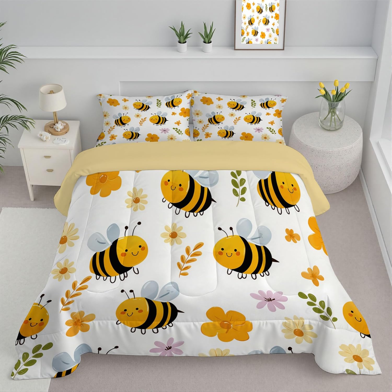 3D Bees and Flowers Comforter Set Queen Size Bedding Set Cute Style All Season Down Comforter Printed Quilted with 2 Pillow Shams for Kids, Teens, Adults 90 x 90in Yellow