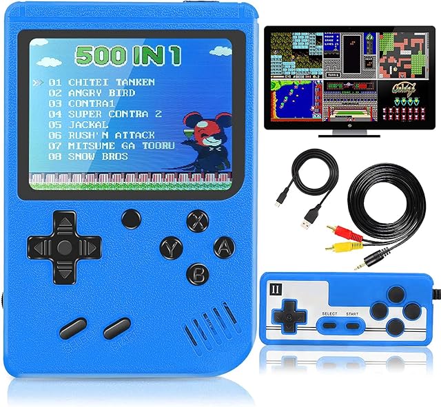 Handheld Game Consoles - Portable Retro Video Game Console with 500 Classical Games Support for Connecting TV Two Players (Blue)