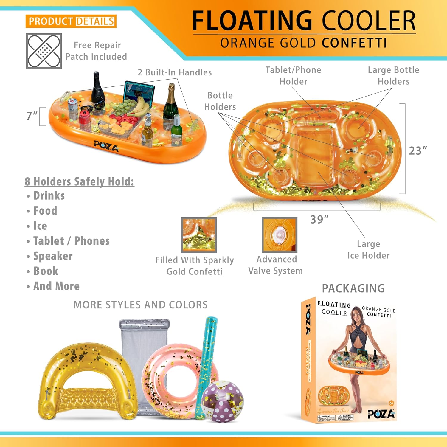 POZA Inflatable Gold Floating Cooler - Luxurious Drink Holder Filled with Sparkly Confetti, Premium Party Float with 8 Holders, Serving Bar for Beach, Lake, Hot Tub, Jacuzzi and Pool - 39x23 Inches