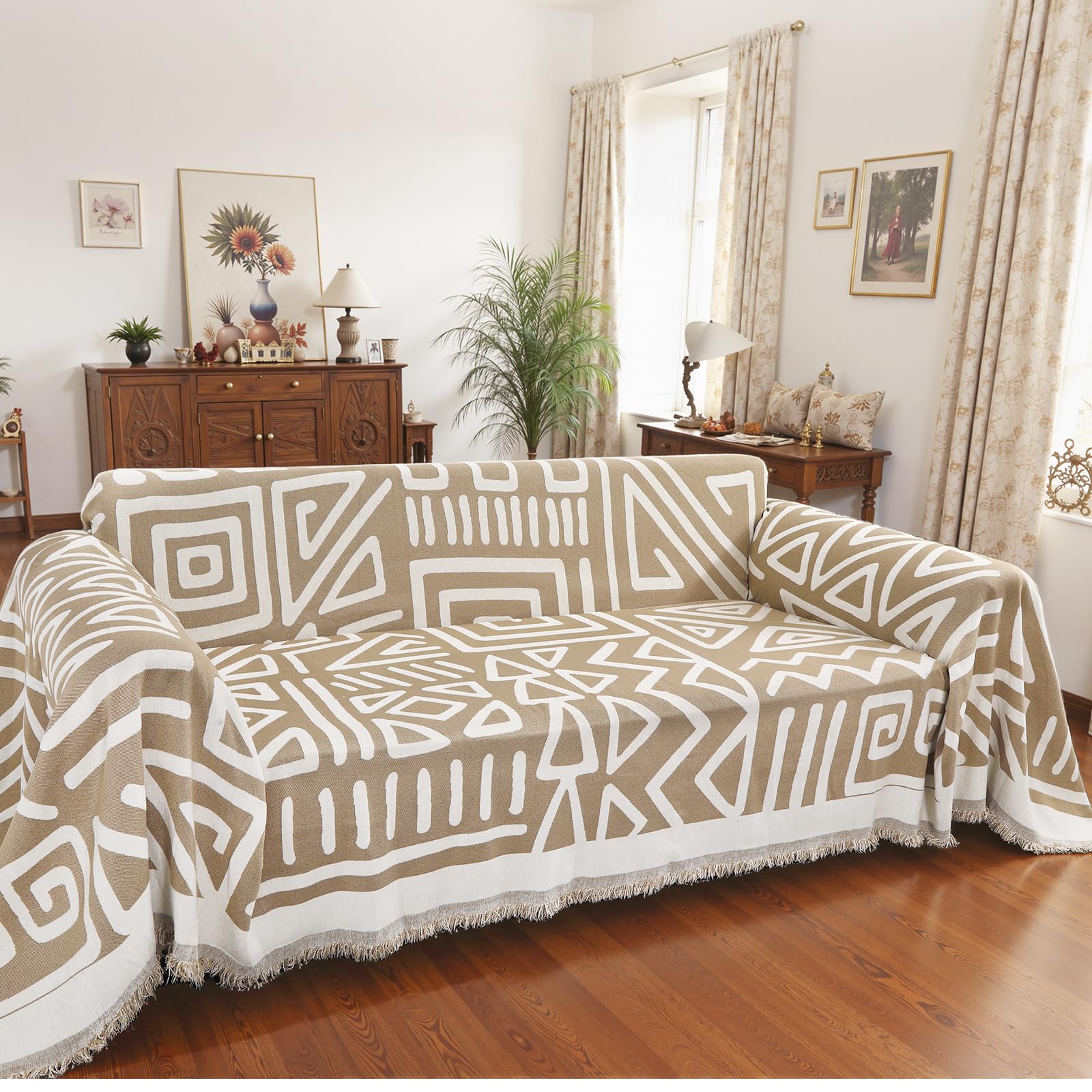 Roxooze Boho Couch Cover Blanket Khaki Geometric Jacquard Sofa Cover for Dog Reversible L Shaped Couch Covers with Tassel Washable Chenille Couch Protector, 71'' x 134''