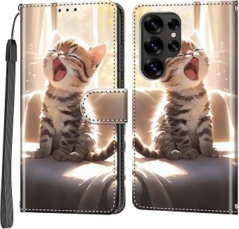 Case Wallet for Samsung Galaxy S25 Ultra, Cat | Kickstand, 3 Card Holder, Shockproof TPU Interior Shell, PU Leather, Magnetic Flip Cover, Lanyard Strap
