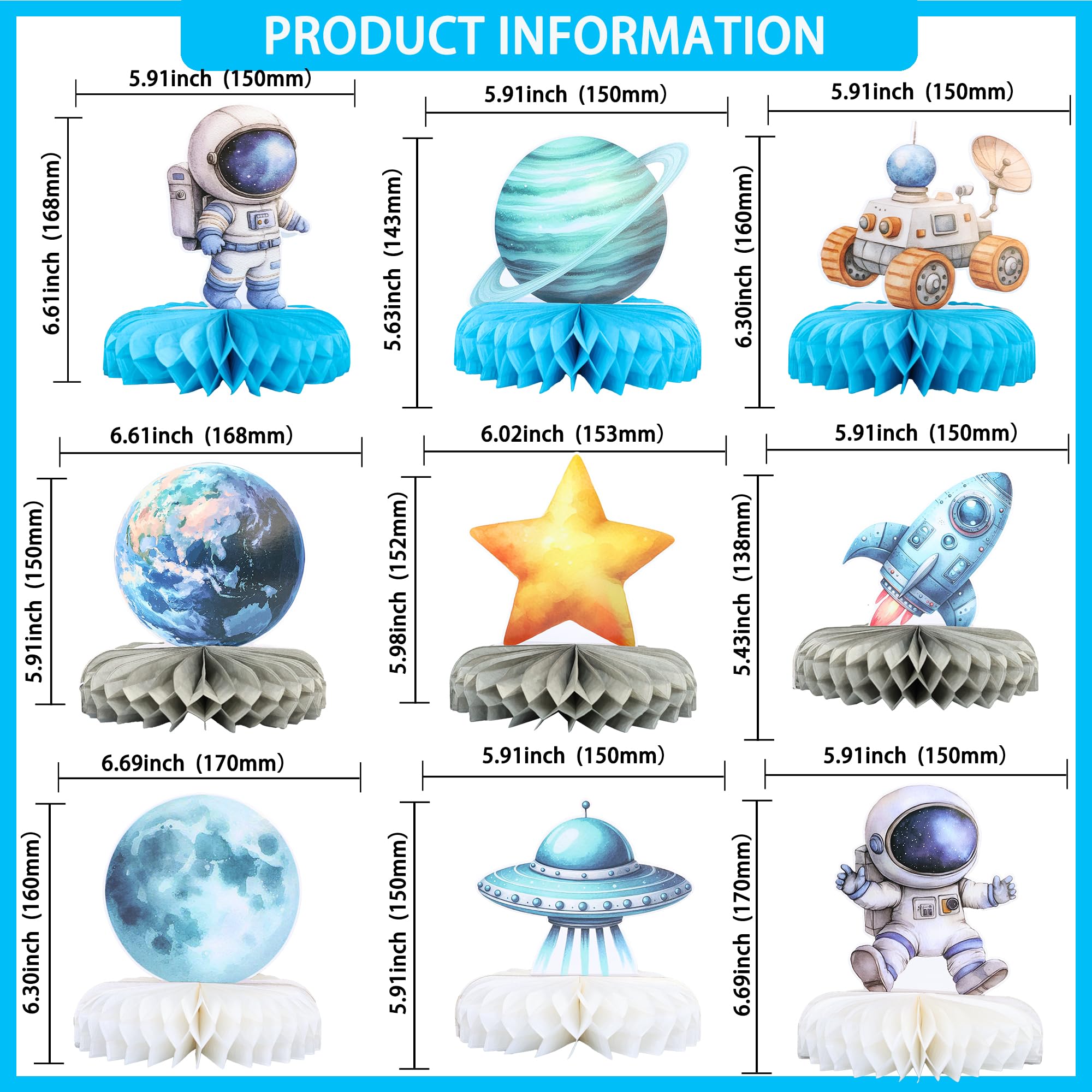 Gyufise 9 Pack Outer Space Birthday Party Decorations Two The Moon Birthday Decorations Boys Space Themed Honeycomb Table Centerpieces for Party Galaxy Party Table Planet Astronaut Party Supplies Blue