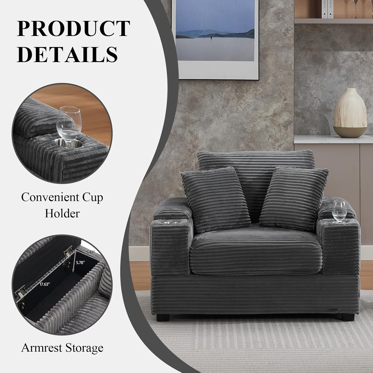 Chaise Lounge Indoor, Corduroy Upholstered Sofa Bed with Cup Holder, Sleeper Chair with Storage, Recliner Chair with Footstool, Modular Sofa with 2 Throw Pillows (Grey Single) | Cup Holders, Footrest