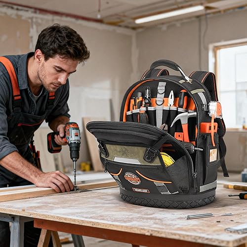 Miniatura 6 de Mochila de herramientas, mochila de herramientas de construcción resistente HVAC para hombres, organizador de herramientas duradero de nivel