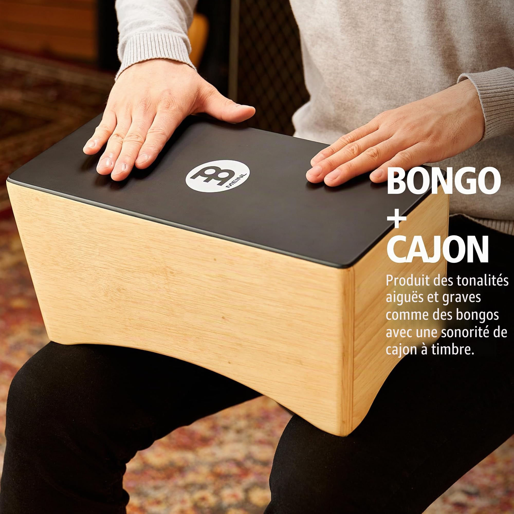 Meinl Percussion Bongo Cajon Instrument - drum box Back-friendly avec timbres, basses et sons de bongos - Surface de jeu noire (BCA2NT/EBK-M)
