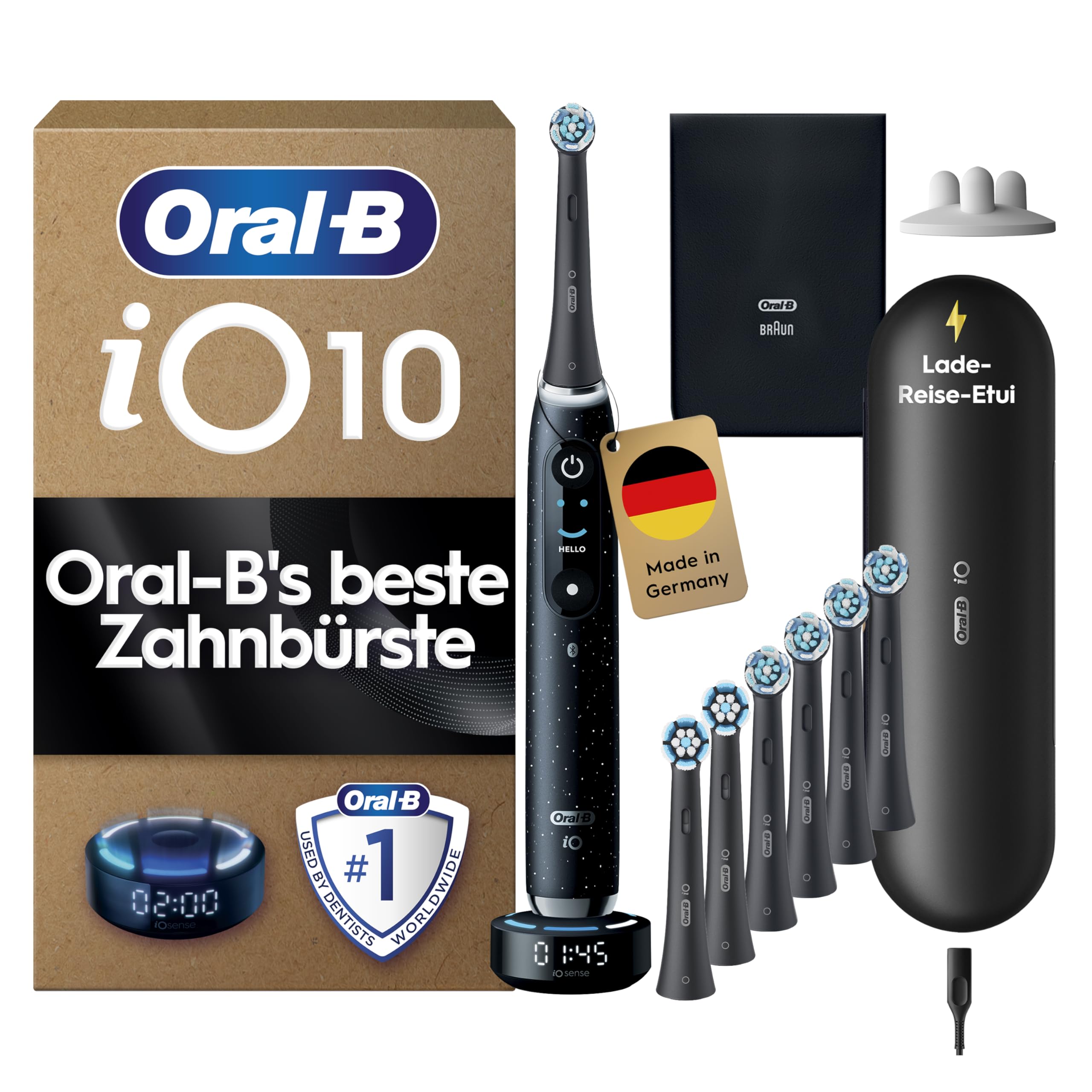 Oral-B iO Series 10 Elektrische Zahnbürste Schwarz PLUS Ausgewählte Original Oral-B iO Aufsteckbürsten Schwarz 7x