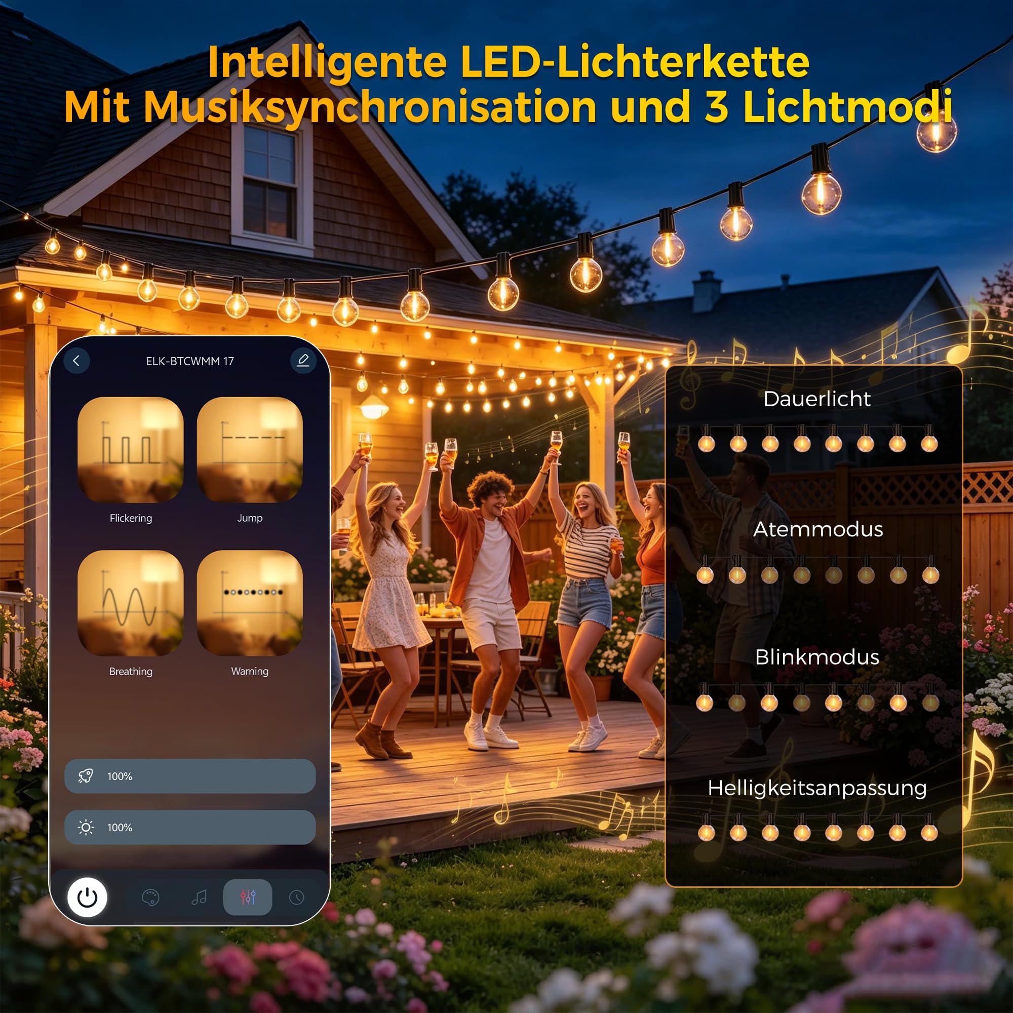 HeiPard Lichterkette Außen Strom Outdoor 30M mit 42+2 G40 LED Glühbirnen | App Steuerung & Fernbedienung, Musik-Sync, Dimmbar, Timer, IP44 Wetterfest für Garten, Balkon, Pavillon, Party