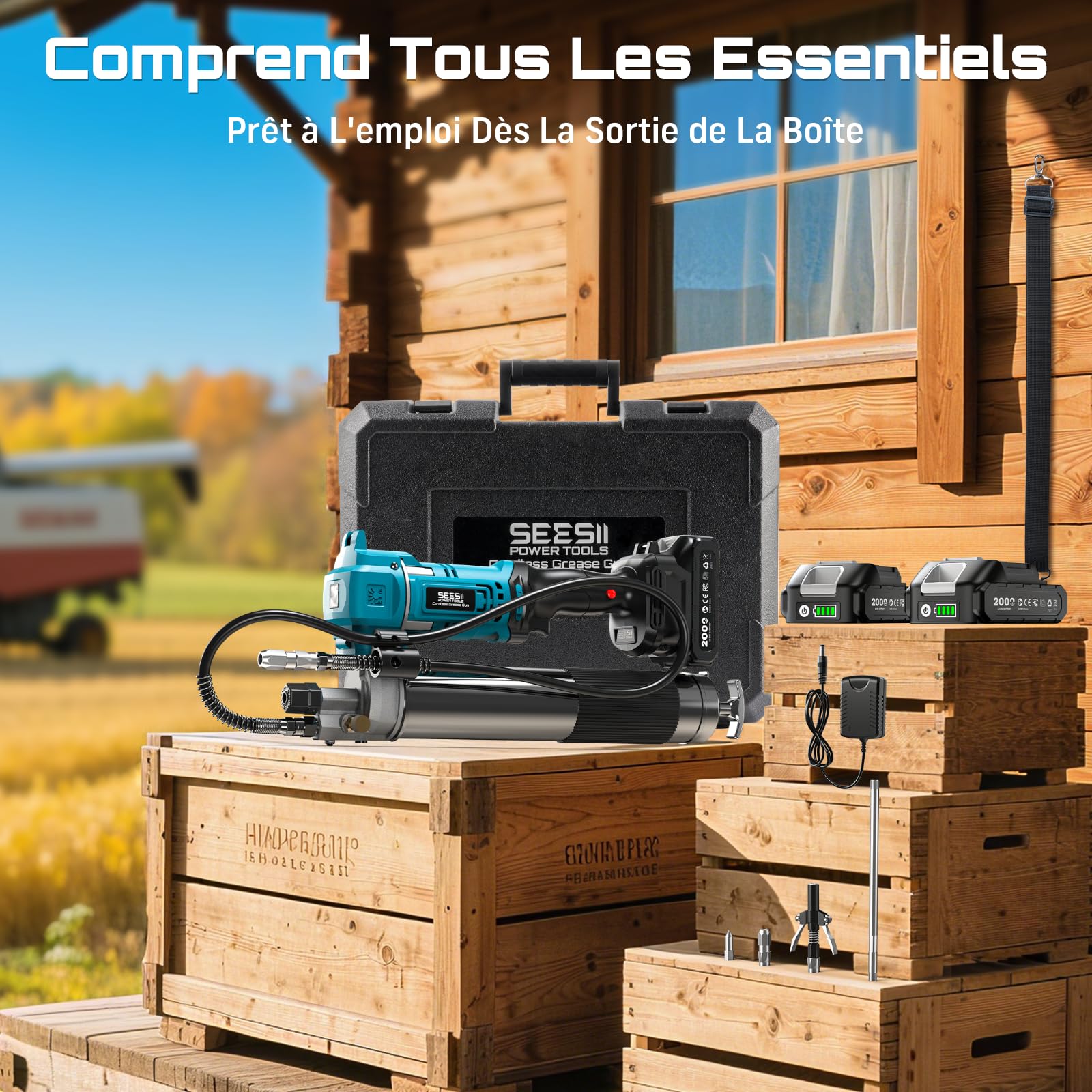 Seesii Pompe a Graisse Électrique: Efficacité Pistolet Graisseur 6,4 oz/Min 10000 PSI, Tuyau de 39.4'', 2 * 2,0 Ah Batteries avec Chargeur, Conçu pour Agriculteurs, Camionneurs et Équipements Lourds