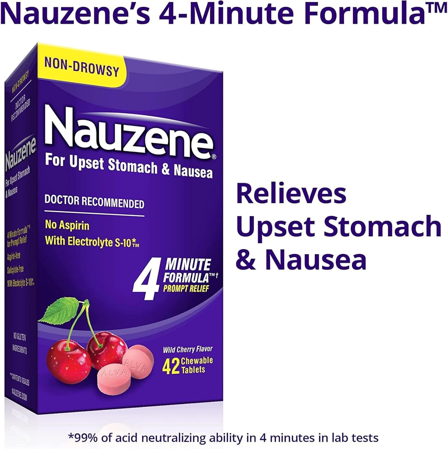 Nauzene Upset Stomach & Nausea Chewable Tablets Wild Cherry Flavor - 42 ct, Pack of 6