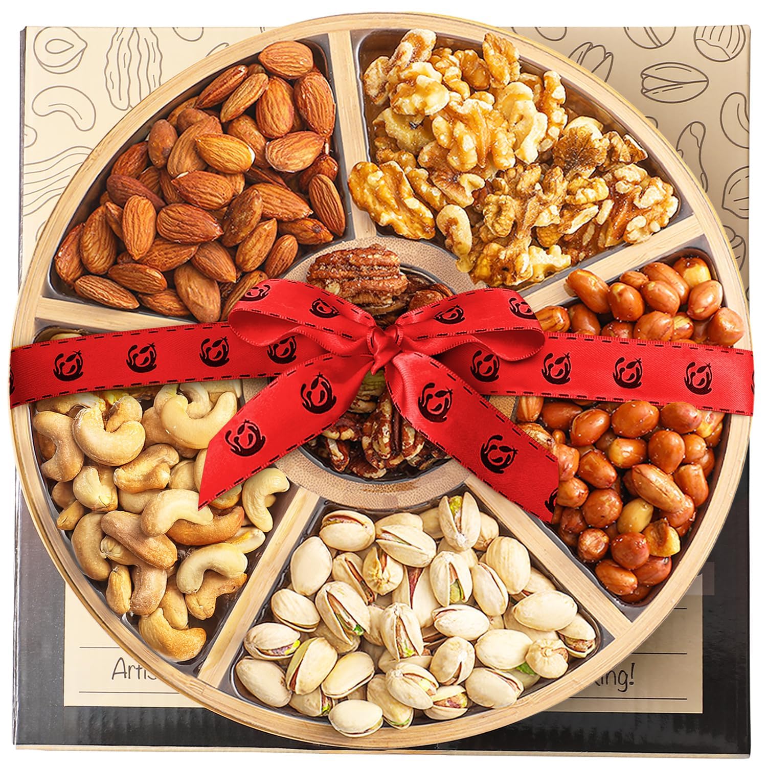 Valentines Gourmet Nuts Gift Baskets - 6 Assortments of Premium Nuts - Festive Holiday Nut Platter | Holiday Mixed Nuts Box, Gourmet Food Gift Basket for Sympathy Gift Baskets, Round, Kosher, USA Made