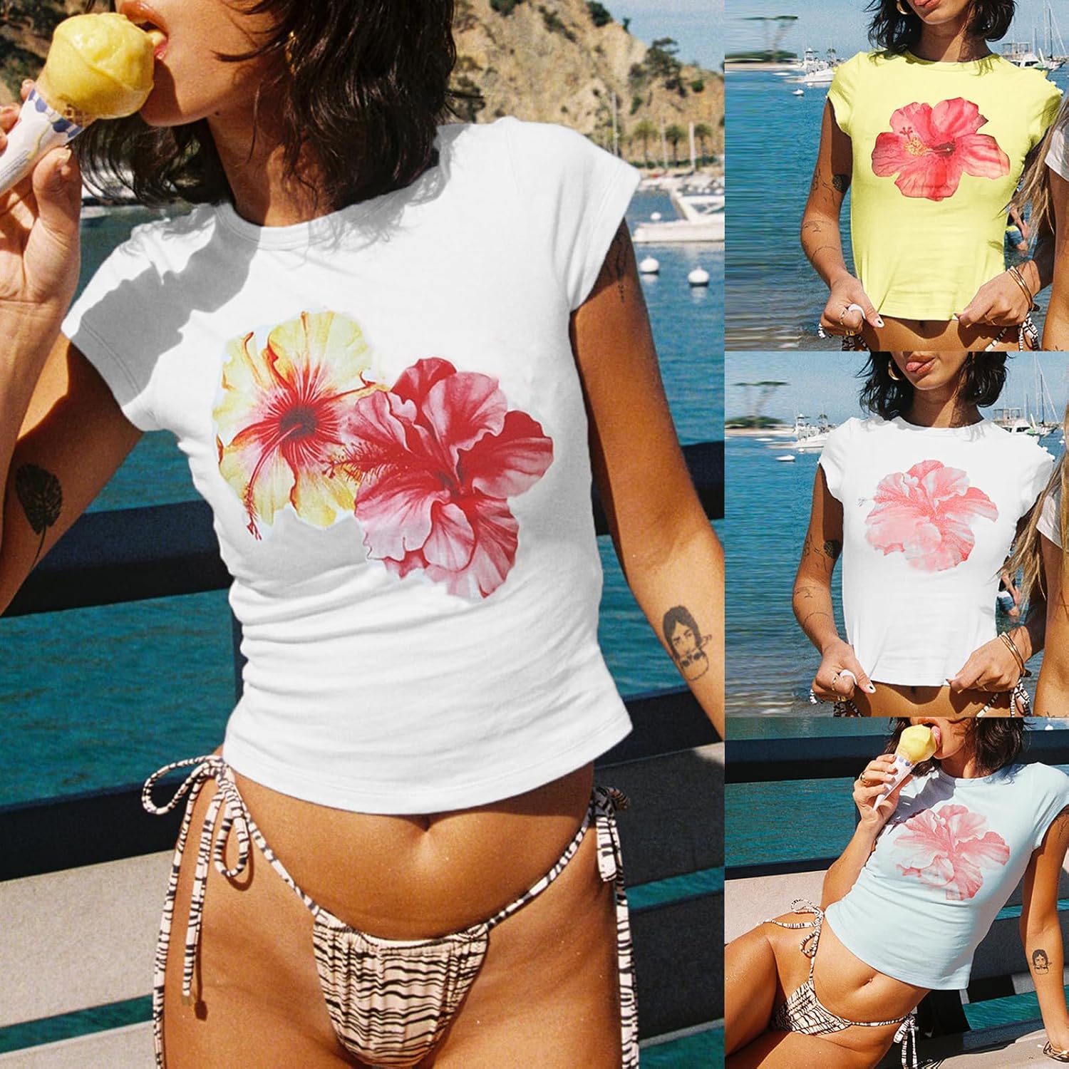 Graphic Baby Tees for Women Y2k Flower Print Short Sleeve Crop Top Teen Girls Aesthetic Vintage Shirts Summer - Image 4