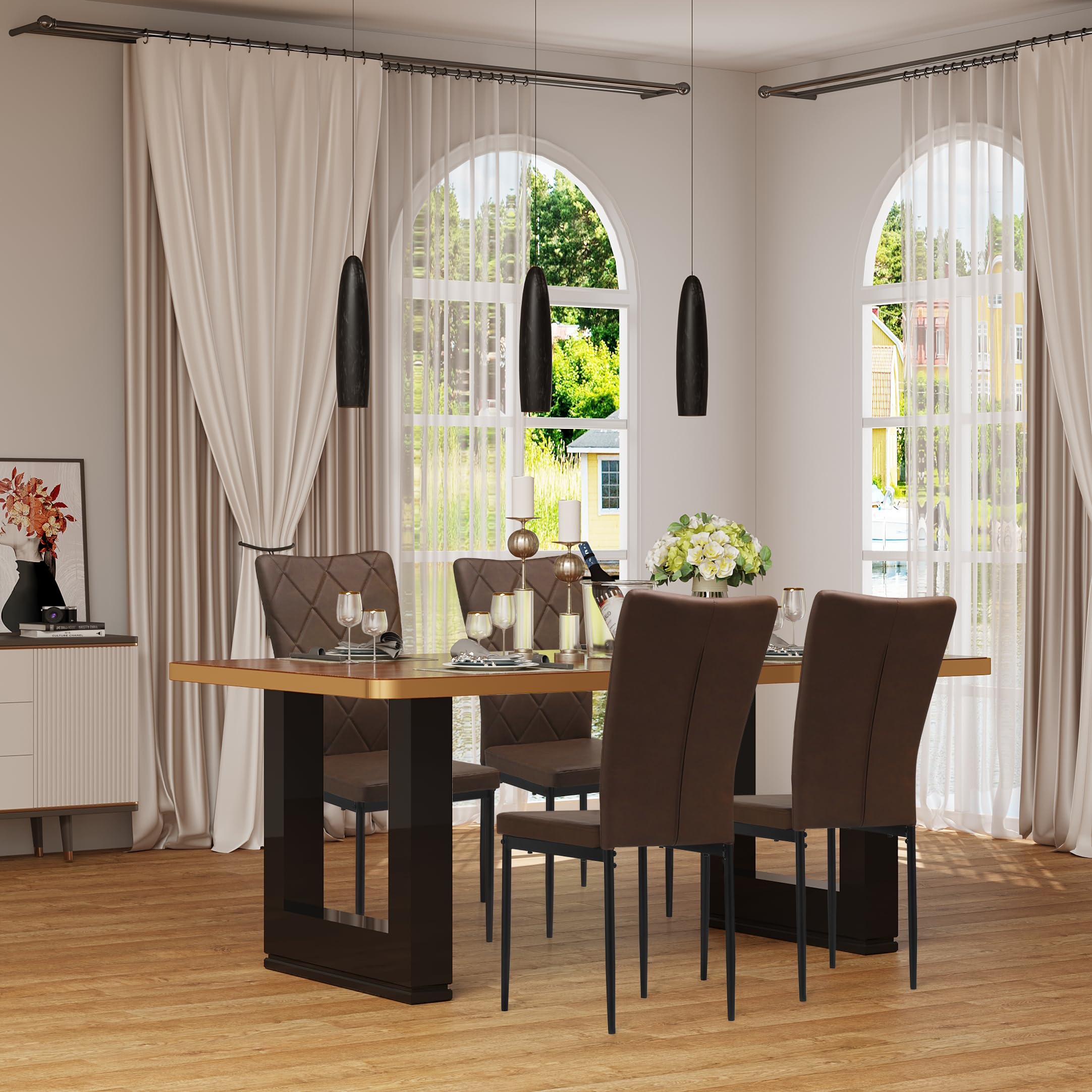 WOLTU Set di 4 Sedie per Sala da Pranzo, Sedie da Cucina con Schienale Alto, con Gambe in Metallo e Rivestimento in Ecopelle Vintage, Marrone Scuro,