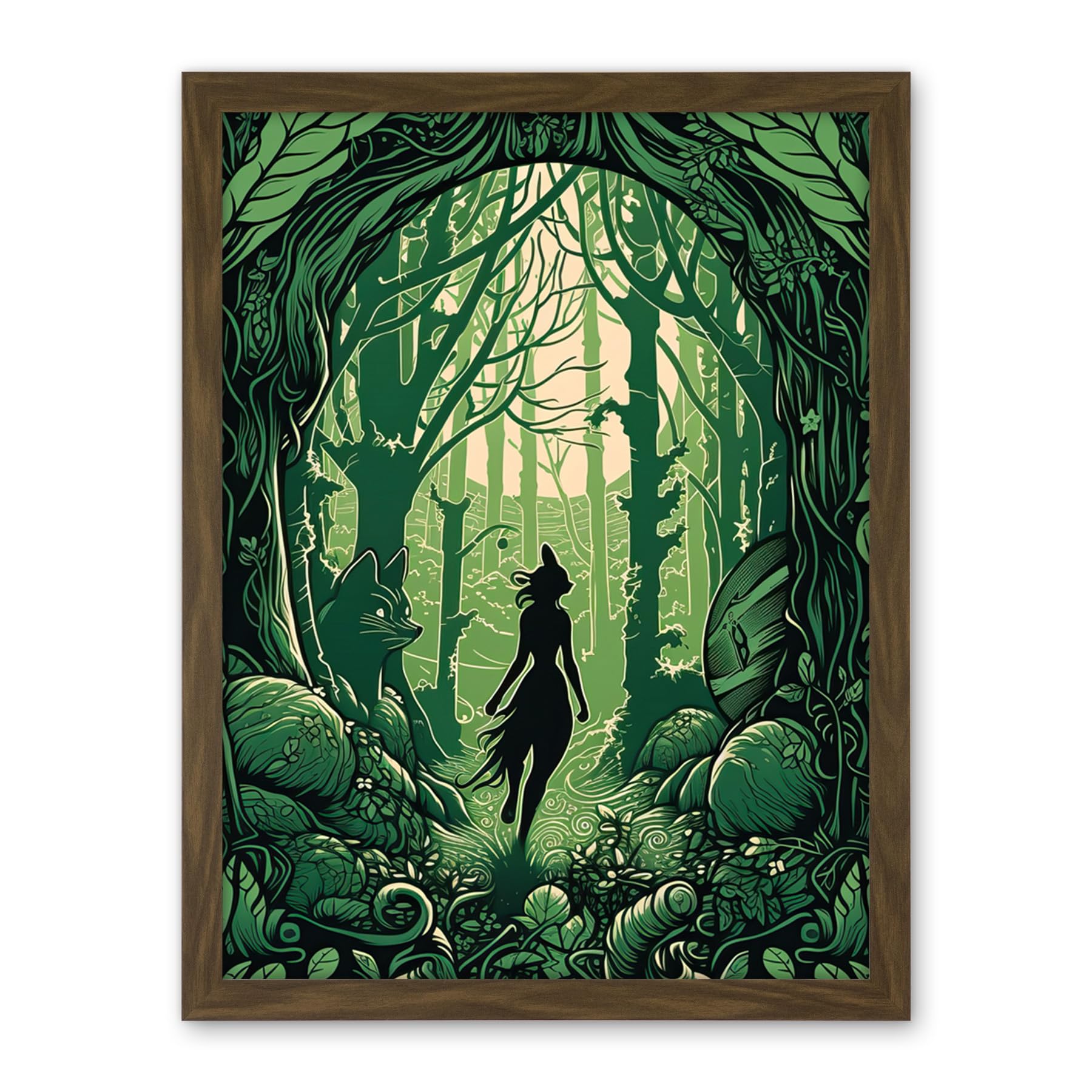 Artery8 Anthropomorphic Fox Silhouette Forest Art Nouveau Artwork Framed Wall Art Print 18X24 Inch