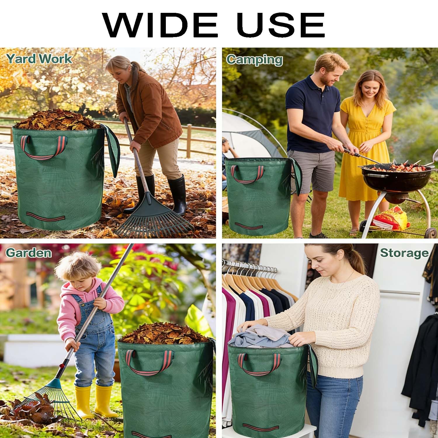 3 bolsas de basura de jardín con asas y tapa, reutilizables y resistentes para recoger residuos de plantas, hierba y hojas, bolsa de jardinería plegable impermeable (500 L)