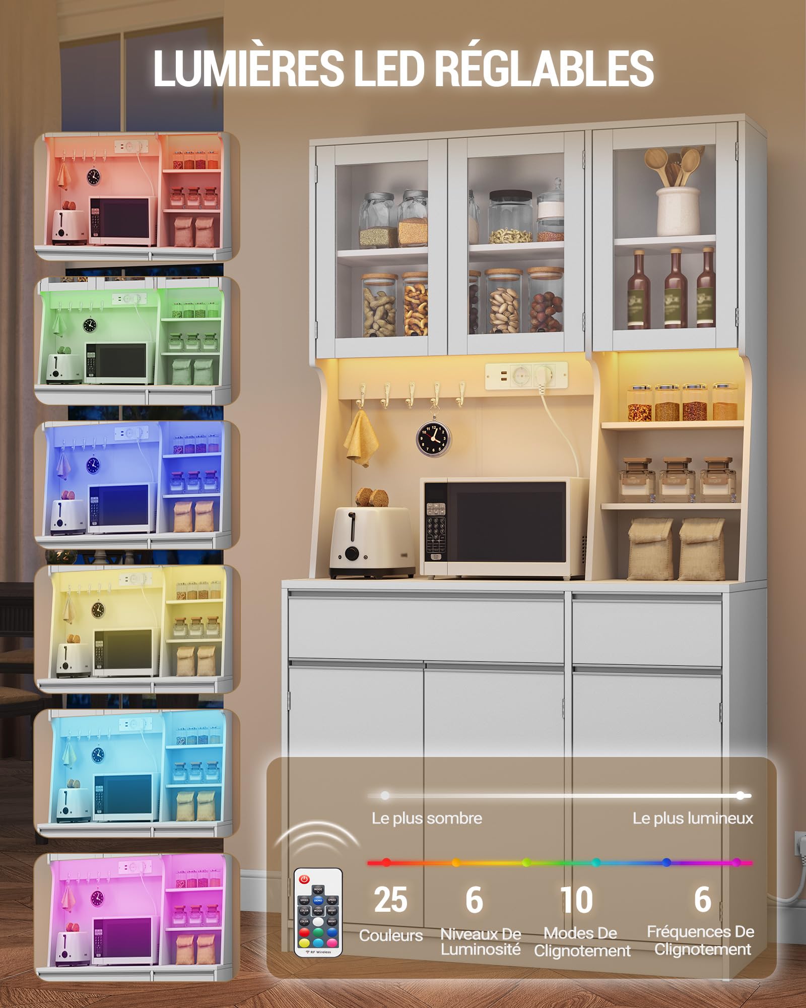 Hzuaneri Armoires Cuisine, Buffet, Haut Vaisselier avec Prises Électriques LED, avec Plans de Travail et Deux Tiroirs, Étagères Réglables, Cuisine, Salon, 40 x 100 x 180 cm, Blanc, PT00103XEU