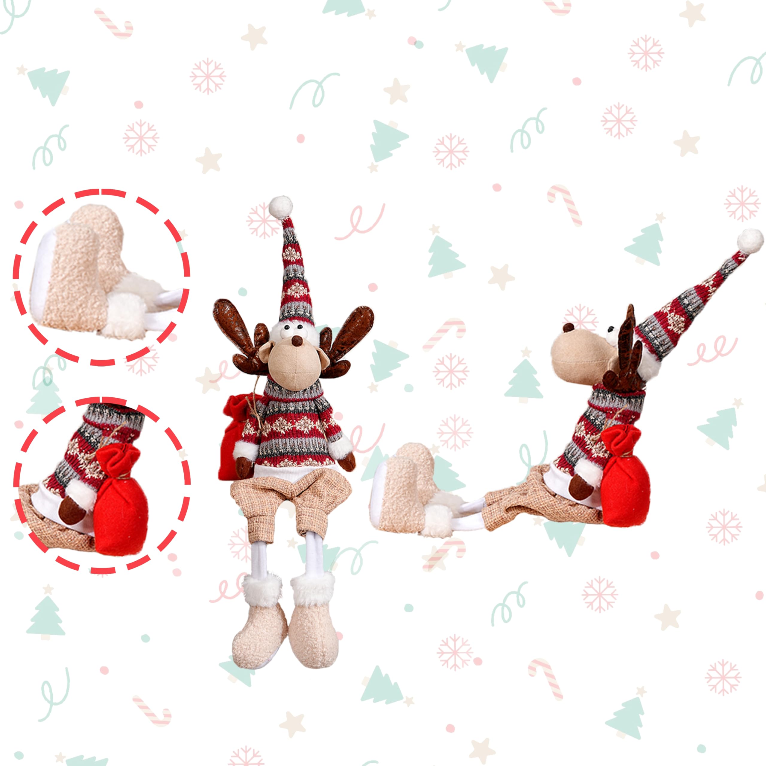 Rentier Regalsitzer Deko 60 cm – lange baumelnde Beine, formbar (Draht in Mütze & Armen), Strickpullover, beschwerter Boden, Weihnachtsdeko für Regal Kamin Sims Fensterbank