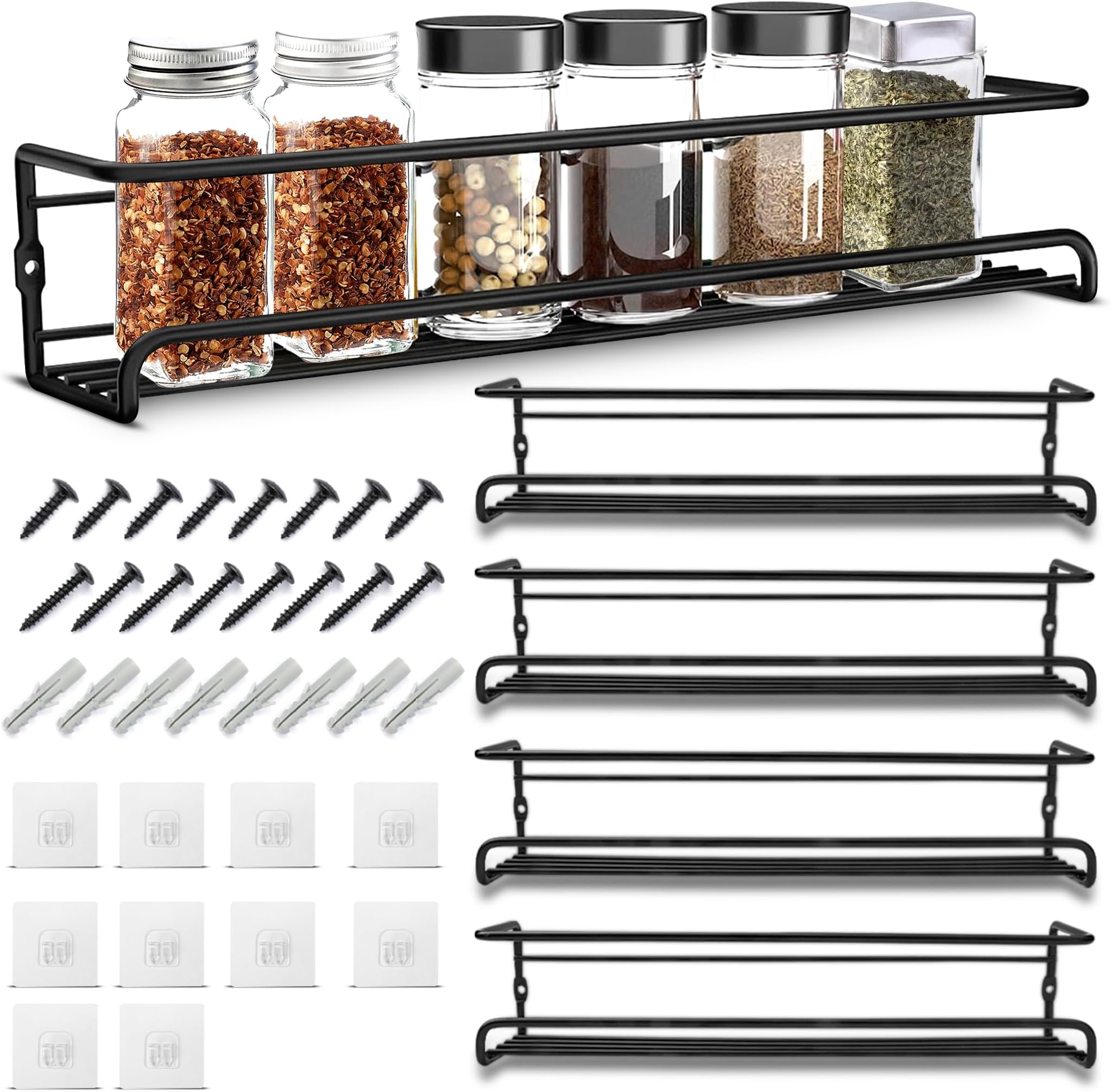 ChiliwareSpice Racks Organiser - 4 Tier Hanging Stainless Steel Spice Rack for Inside Cupboard & Wall Mounted with Adhesive Stickers & Screws for Kitchen Condiments/Tidy Pantry Cabinet Door (Black)