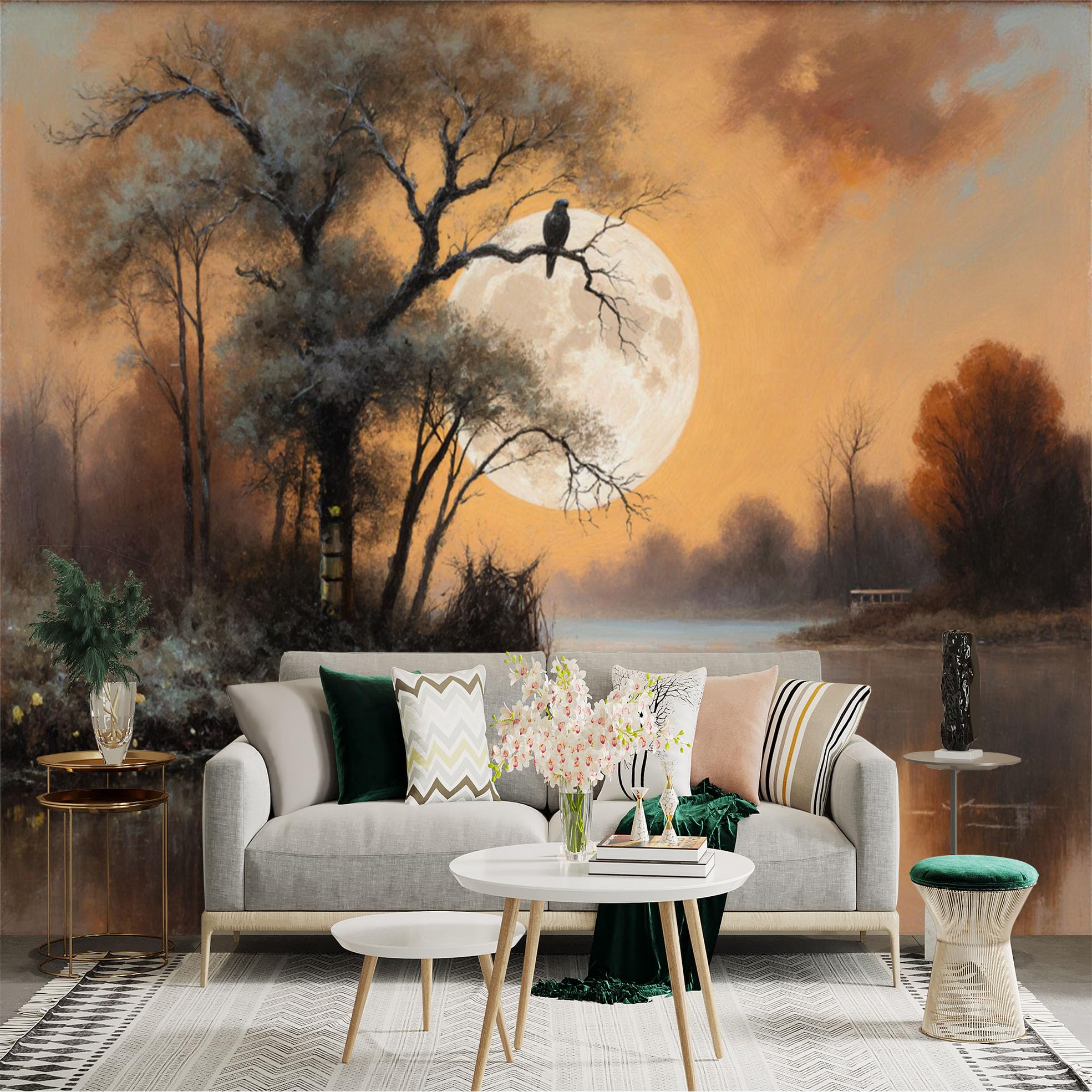 Custom Size Wall Sticker Mural， Autumn Forest Lake with Full Moon and Silhouette Trees， for wall Decoration， peelandstick wall Decals.