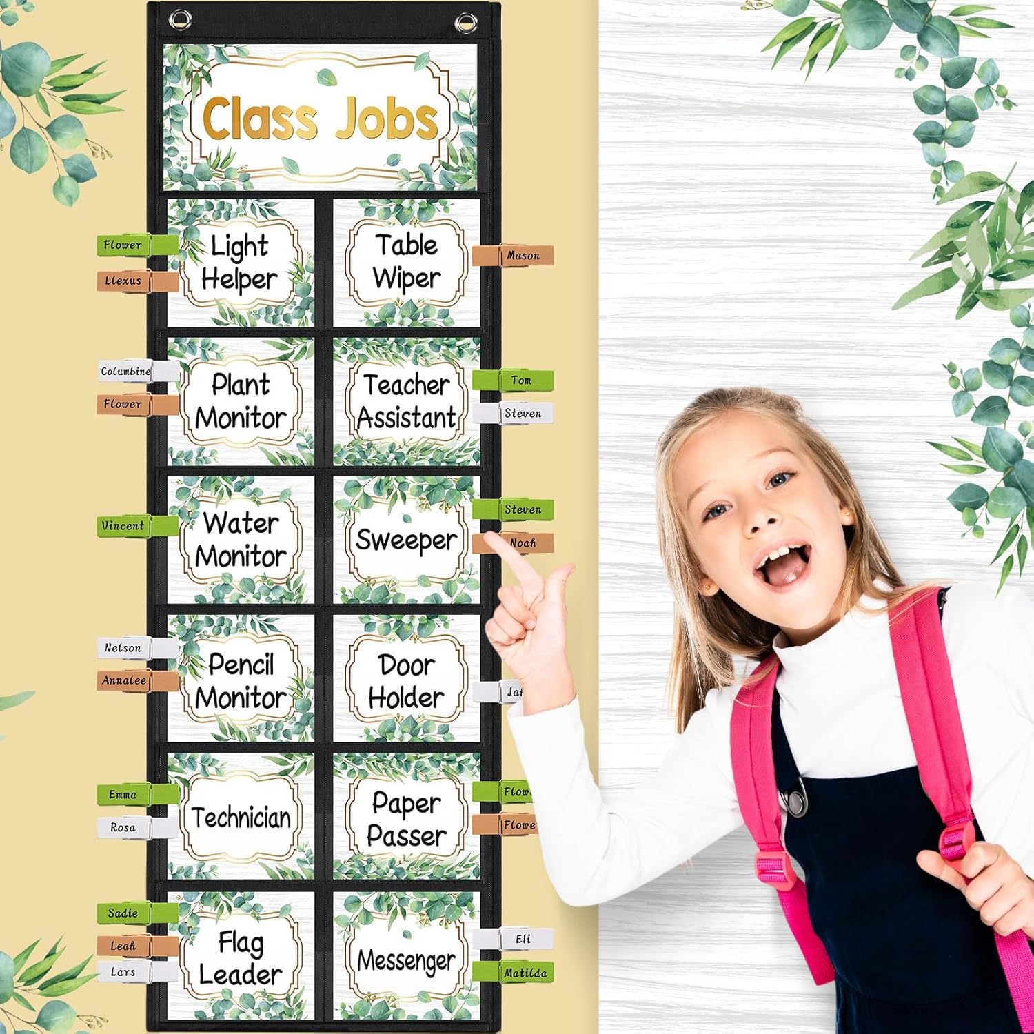 Pasimy Eucalyptus Class Jobs Pocket Chart Class Helpers Pocket Chart Classroom Jobs Cards with Clips and Hooks Teacher Helper Bulletin Board Set for Back to School Classroom Teacher Supplies