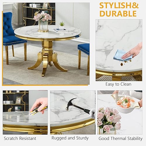 Miniatura 5 de Juego de mesa de comedor redonda de mármol blanco para 6, mesa de comedor redonda de lujo de mármol de 45 pulgadas con 6 sillas de terciopelo azul,