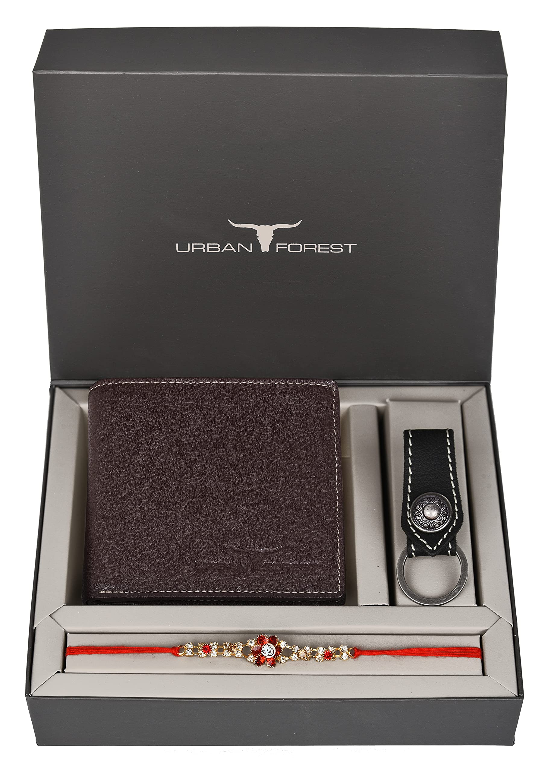URBAN FOREST Rakhi Gift Hamper for Brother - Classic Brown Men's Leather Wallet, Black Keyring and Rakhi Combo Gift Set for Brother - 4560
