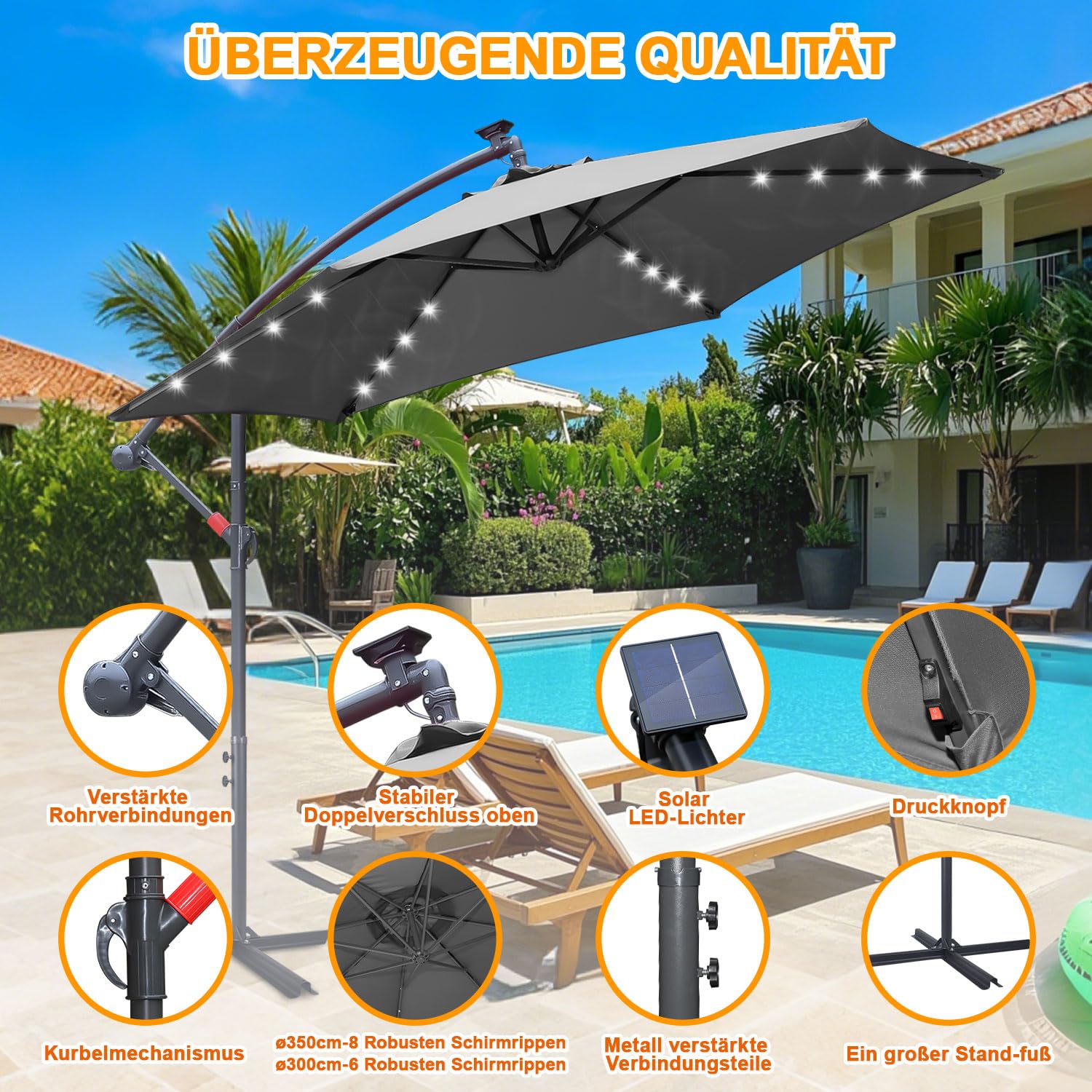 Parasol przeciwsłoneczny, Ø 300/350 cm, z korbą, z lampką solarną LED lub bez niej, parasol ogrodowy ze stojakiem, ochrona przed słońcem, ochrona przed promieniowaniem UV | parasol na korbę