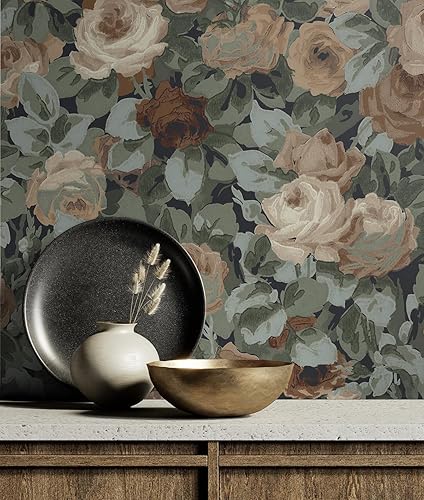 Miniatura 6 de NextWall Rose Garden - Papel tapiz floral para despegar y pegar (azul medianoche y café)