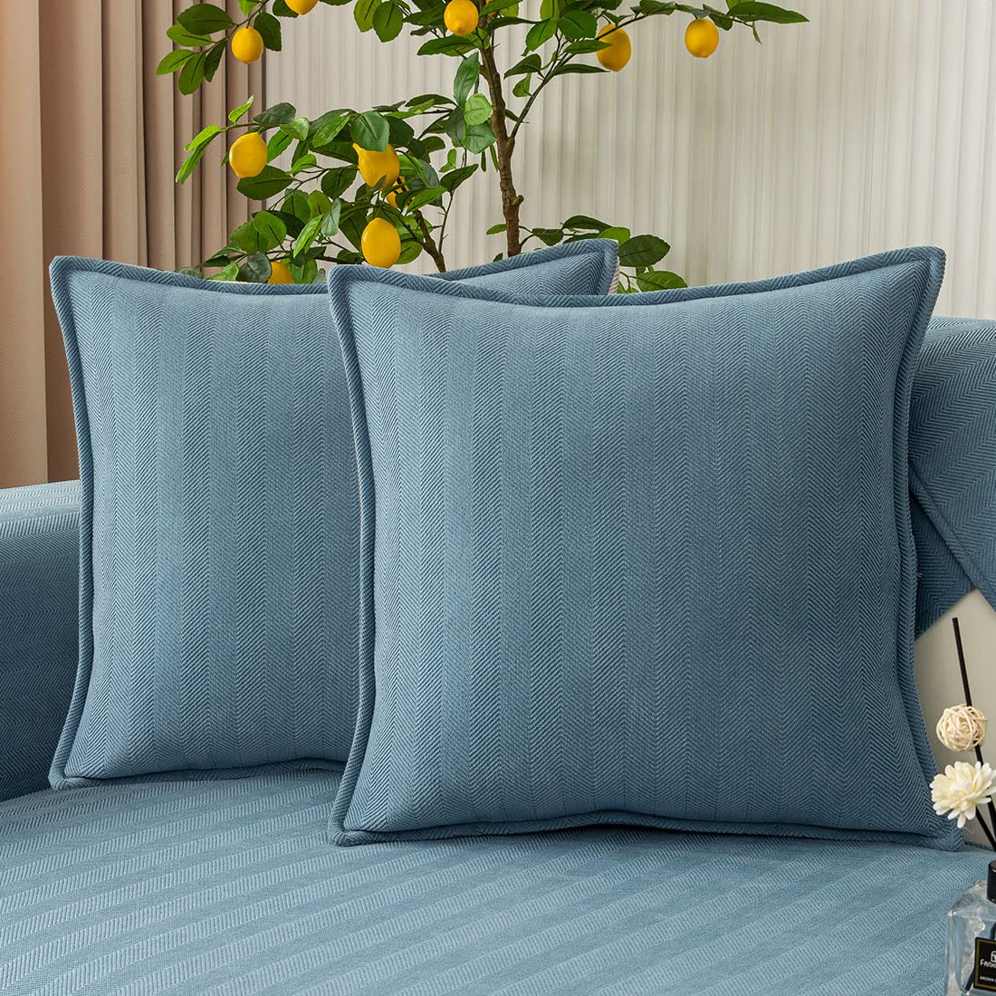 Housse de coussin 45x45 bleu lot de 2 carrée style rustique à chevrons pour lit et chaise