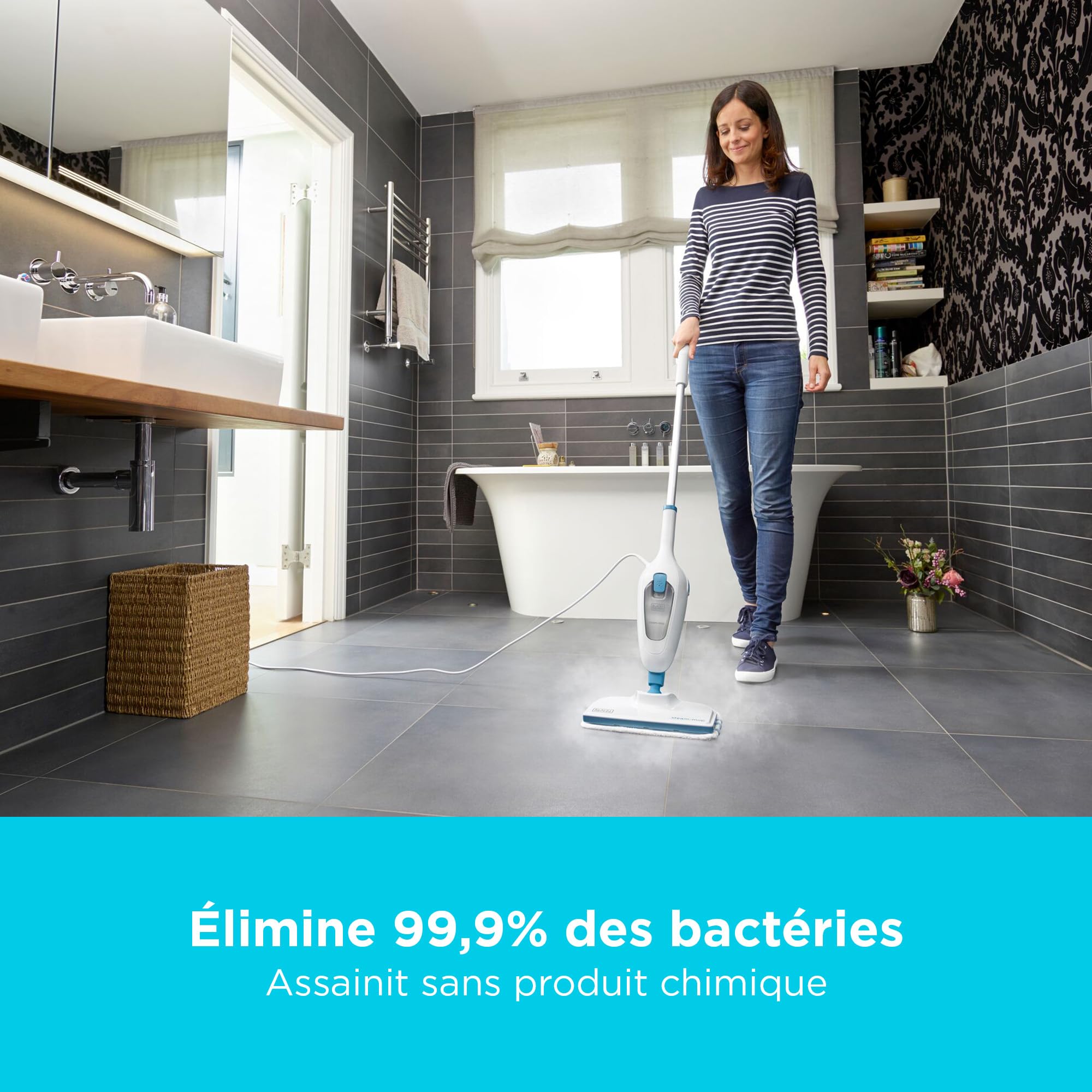 BLACK+DECKER - Balai Vapeur avec Nettoyeur à Main et 5 Accessoires - Multifonctions Puissance 1300W - Temps de Chauffe 25 sec - Tête Pivotante 180° - Réservoir Amovible 350 ml - FSMH13E5-QS
