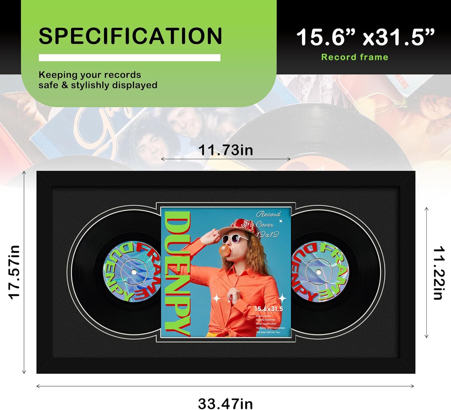 Vinyl Record Display Frame 15.6x31.5 Inches Display Record Album and 12.5x12.5 Album Cover Art Wall Mount Double Black Mat